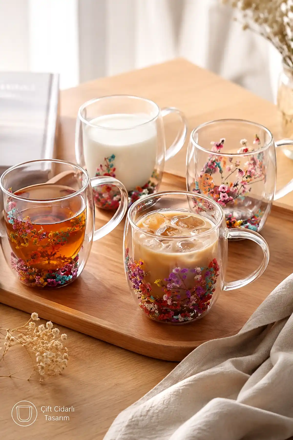4lü Çift Cidarlı Çiçekli Bardak Seti 250 ml Kulplu Borosilikat Cam Kahve Çay Sunum Bardağı Kupa