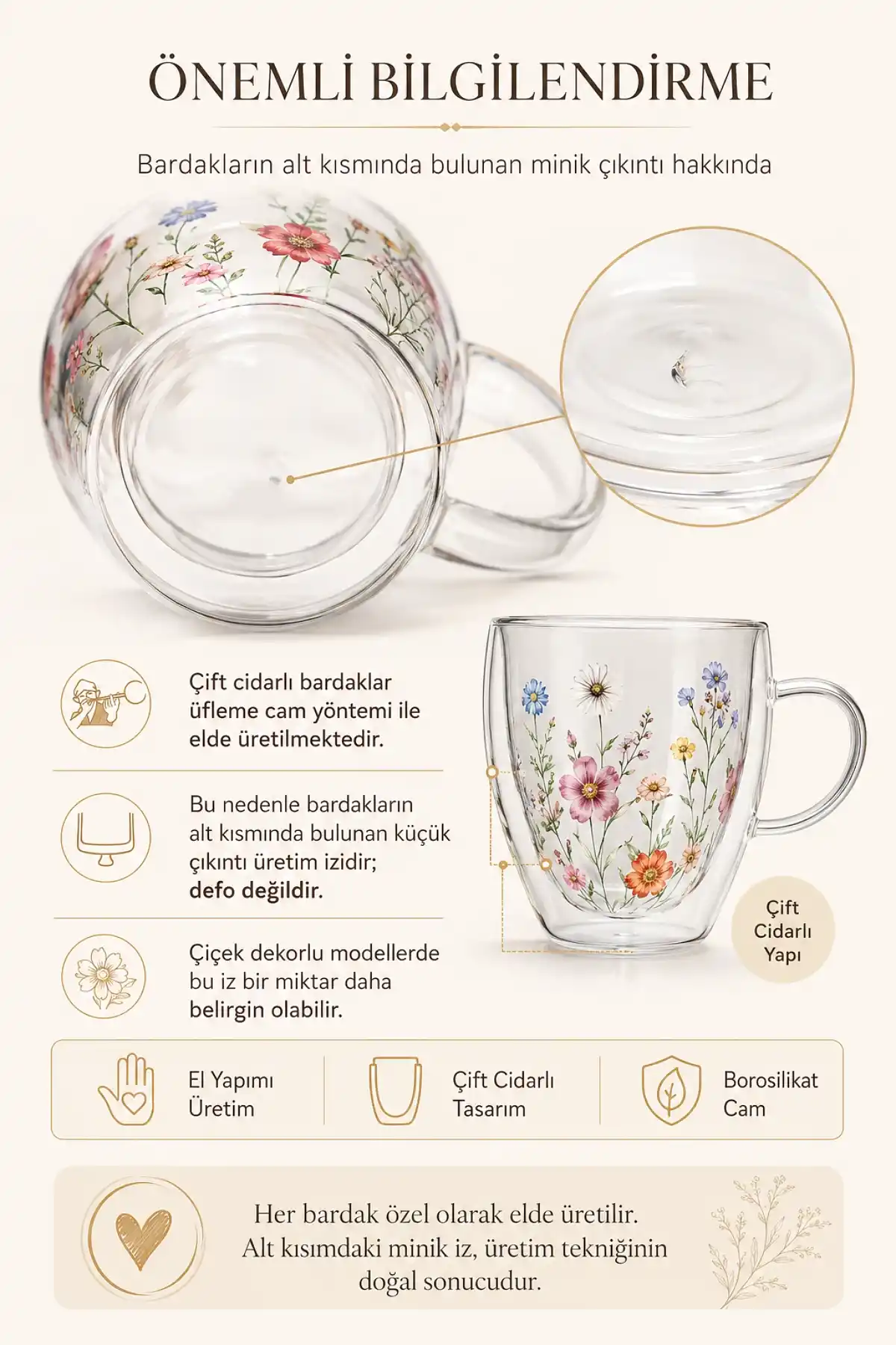 4lü Çift Cidarlı Çiçekli Bardak Seti 250 ml Kulplu Borosilikat Cam Kahve Çay Sunum Bardağı Kupa