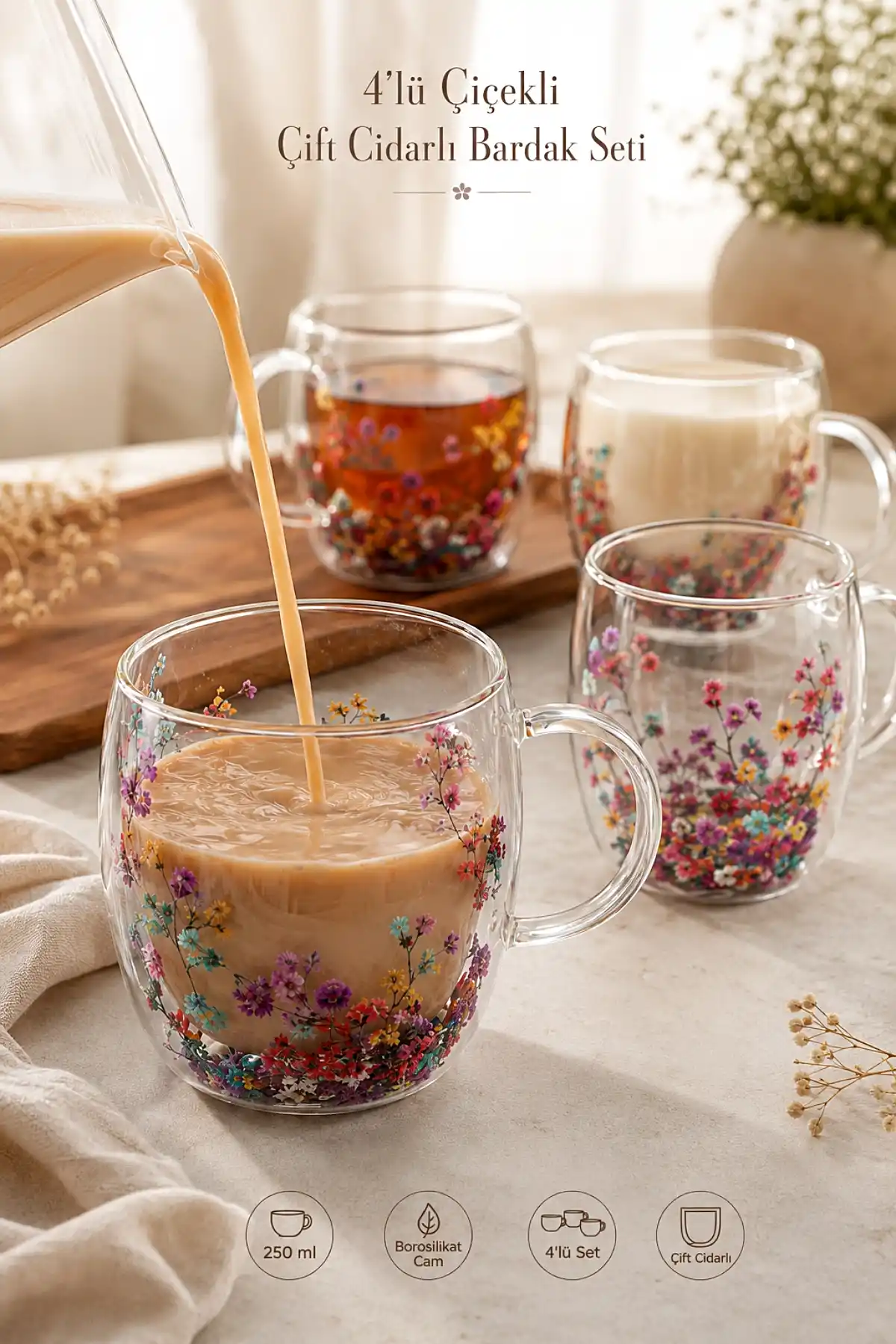4lü Çift Cidarlı Çiçekli Bardak Seti 250 ml Kulplu Borosilikat Cam Kahve Çay Sunum Bardağı Kupa