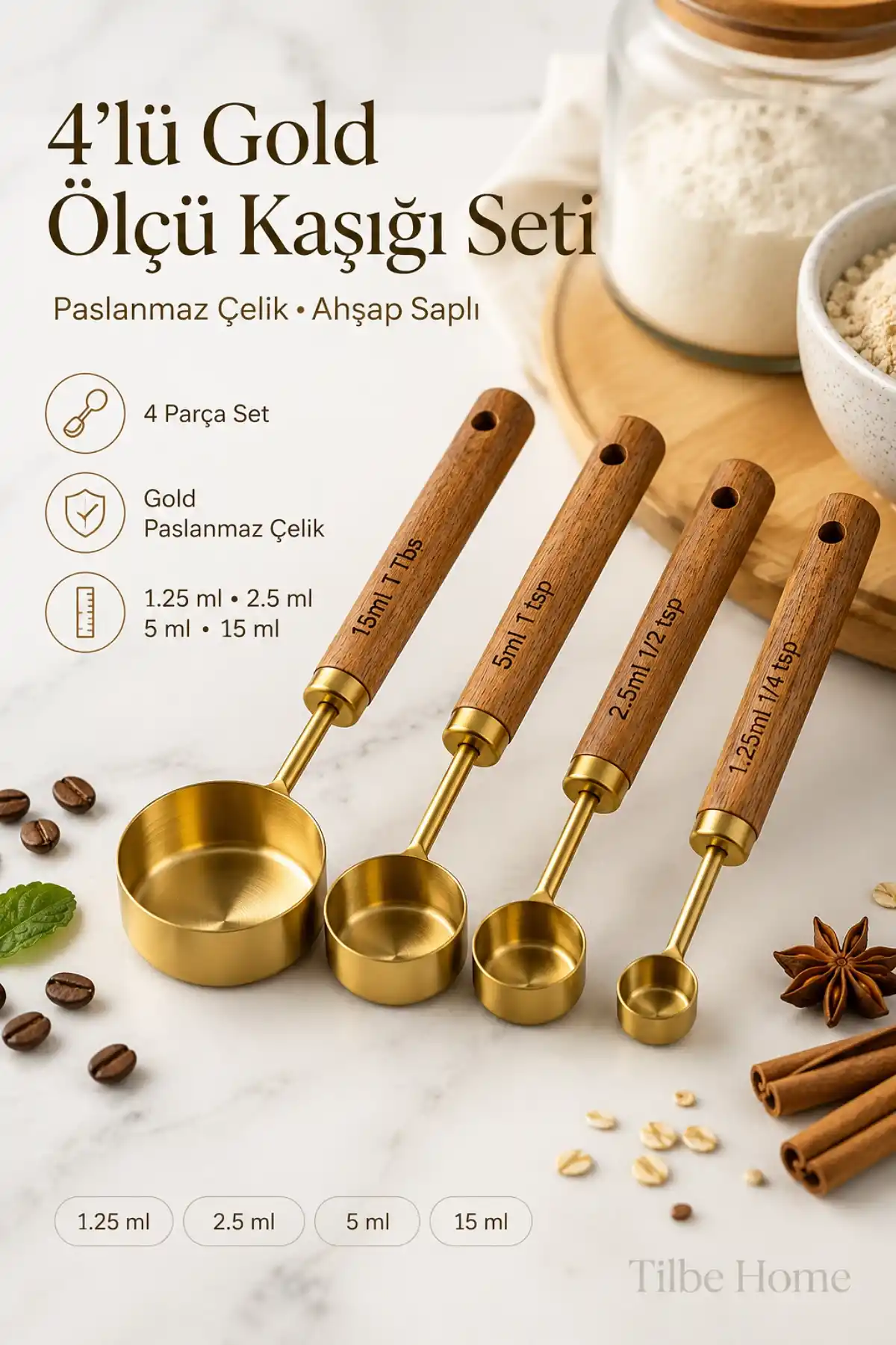 4lü Gold Paslanmaz Çelik Ahşap Saplı Ölçü Kaşığı Seti Ölçü Kabı 15ml 5ml 2.5ml 1.25ml Kahve Baharat