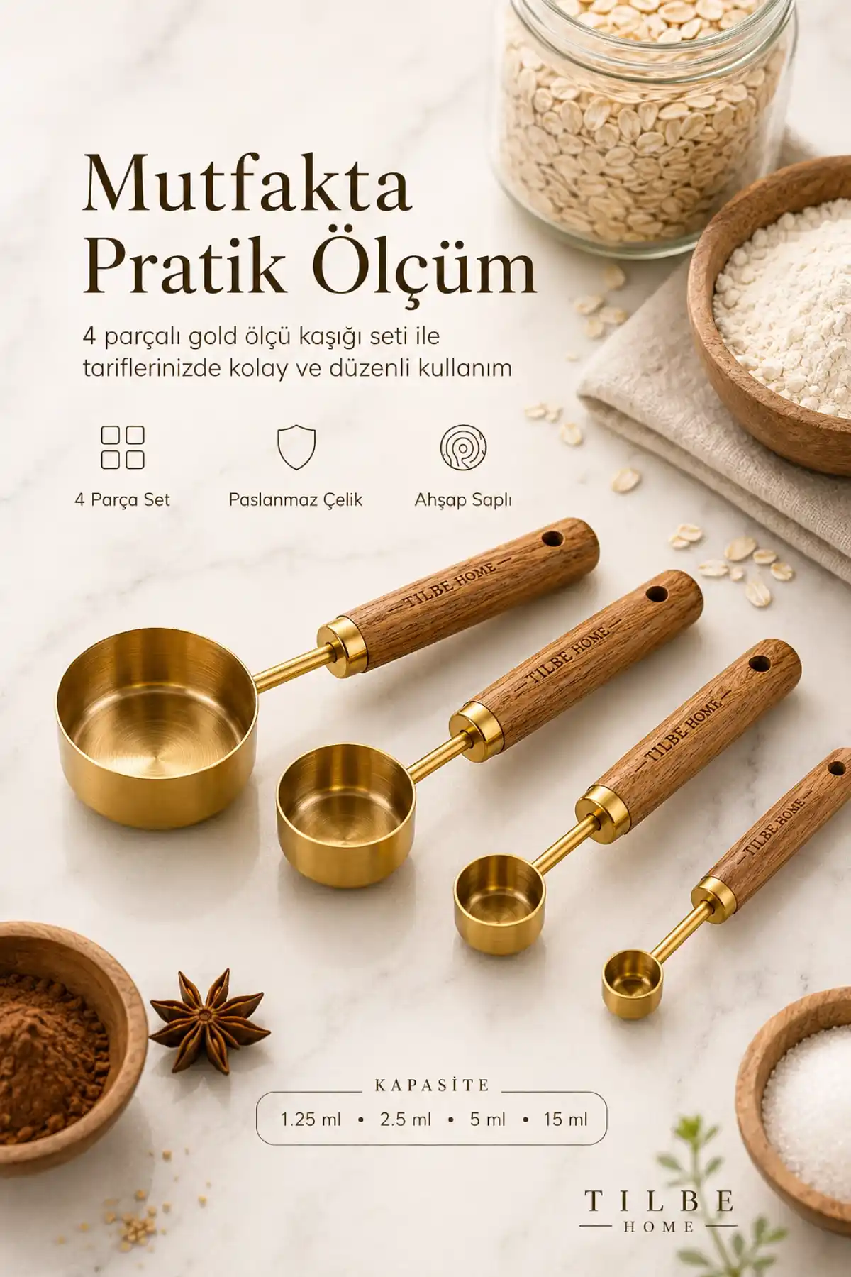 4lü Gold Paslanmaz Çelik Ahşap Saplı Ölçü Kaşığı Seti Ölçü Kabı 15ml 5ml 2.5ml 1.25ml Kahve Baharat