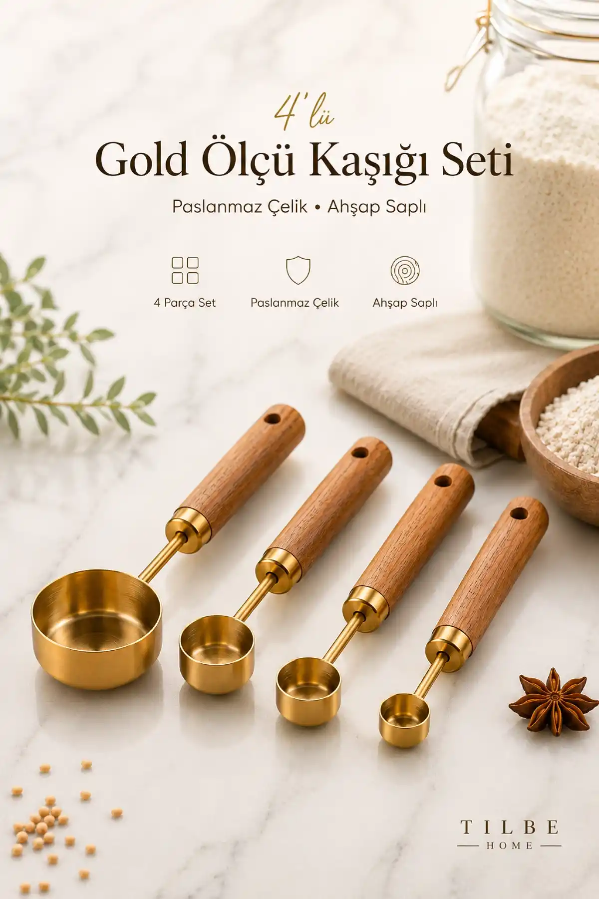 4lü Gold Paslanmaz Çelik Ahşap Saplı Ölçü Kaşığı Seti Ölçü Kabı 15ml 5ml 2.5ml 1.25ml Kahve Baharat