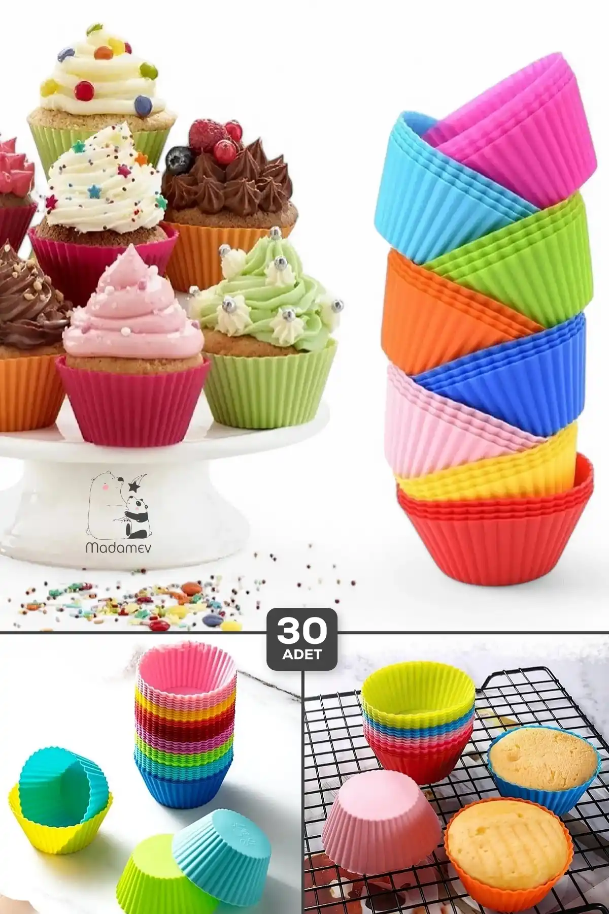 30 Adet Silikon Muffin Kek Kapsülü Yeniden Kullanılabilir Cupcake Browni Kek Kalıbı Renkli
