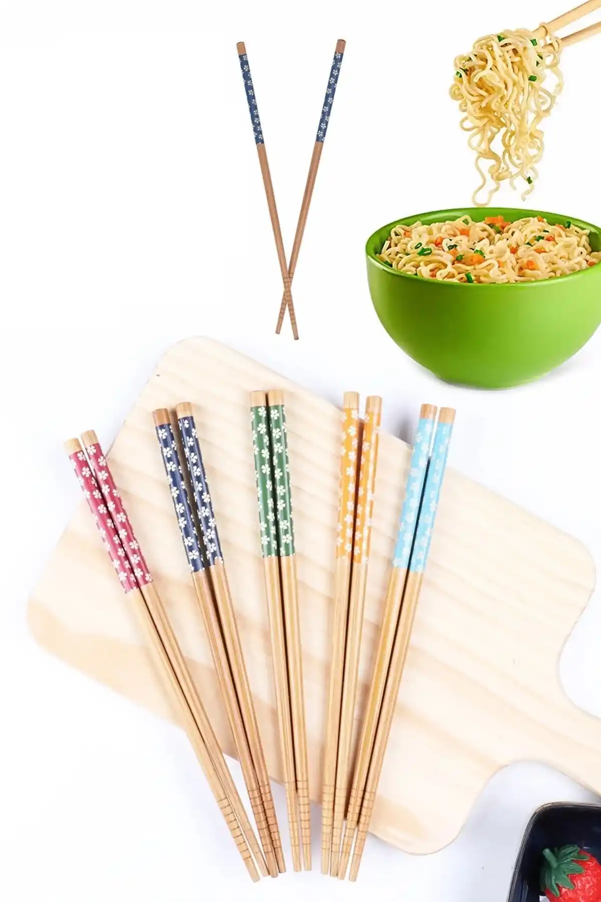 5 Çift Bambu Chopstick Desenli Yıkanabilir Kore Çin Yemek Çubuğu El Yapımı Doğal Ahşap Sushi Çubuk