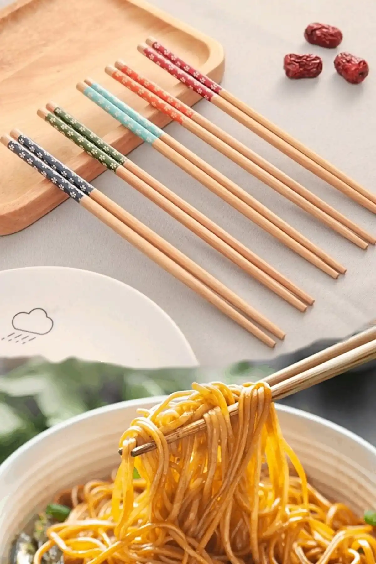 5 Çift Bambu Chopstick Desenli Yıkanabilir Kore Çin Yemek Çubuğu El Yapımı Doğal Ahşap Sushi Çubuk