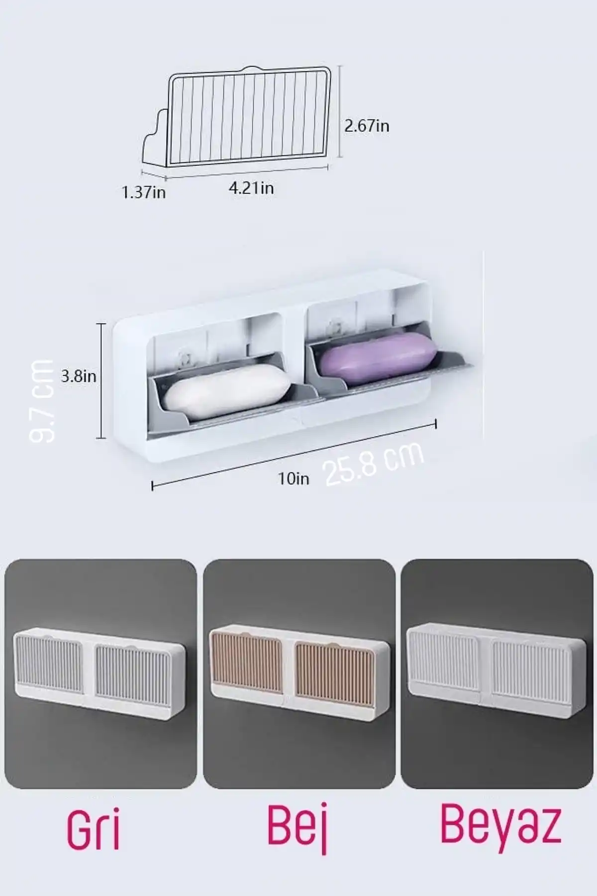 2 Bölmeli Su Tutmaz Katı Sabunluk Güçlü Yapışkanlı Duvara Monte Kapaklı Mutfak Banyo Organizeri