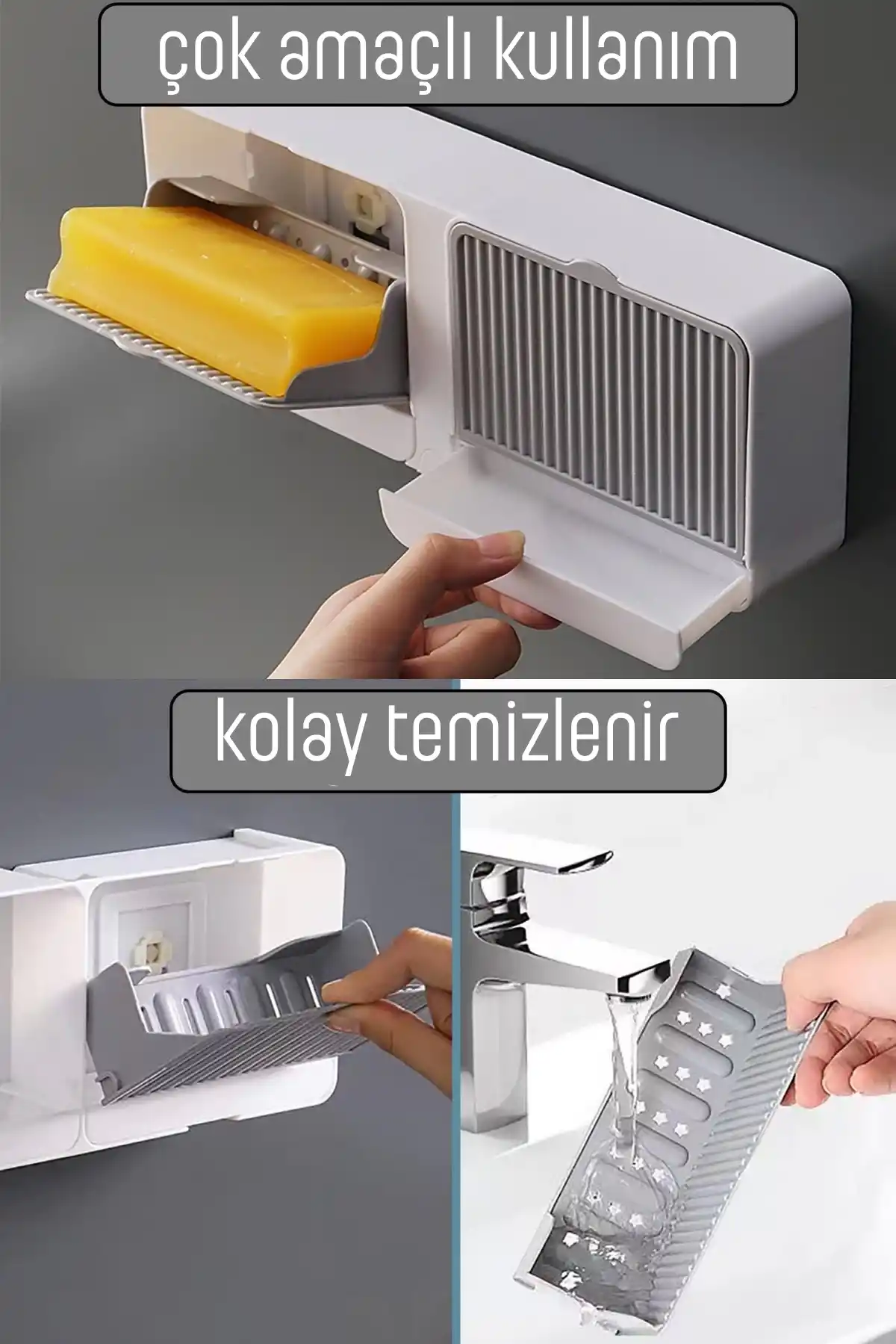 2 Bölmeli Su Tutmaz Katı Sabunluk Güçlü Yapışkanlı Duvara Monte Kapaklı Mutfak Banyo Organizeri