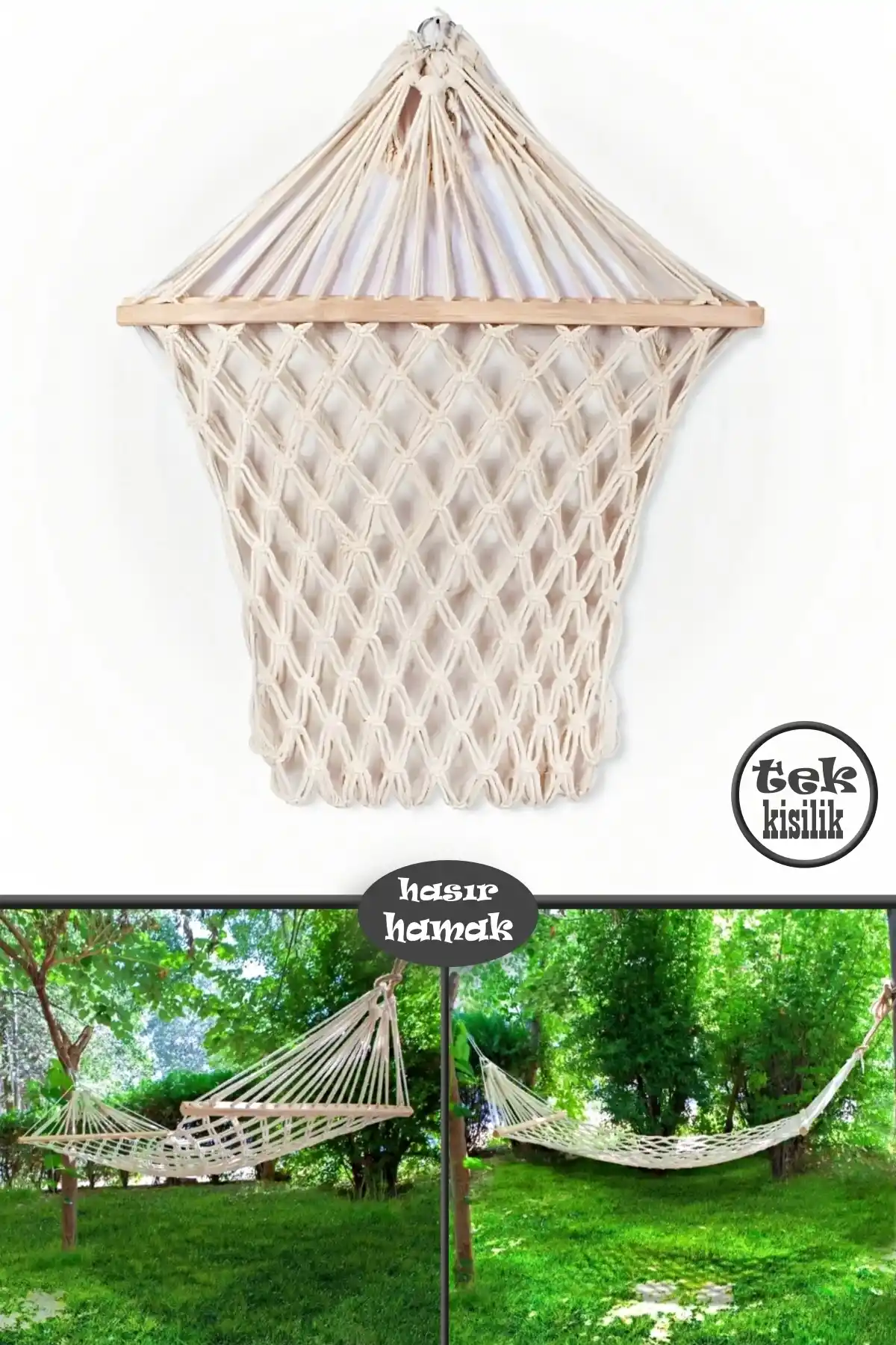 Ahşap Hasır Çift Kat Örme Tek Kişilik Geniş Hamak 110x180 cm Klasik Extra Dayanıklı Salıncak Hamak