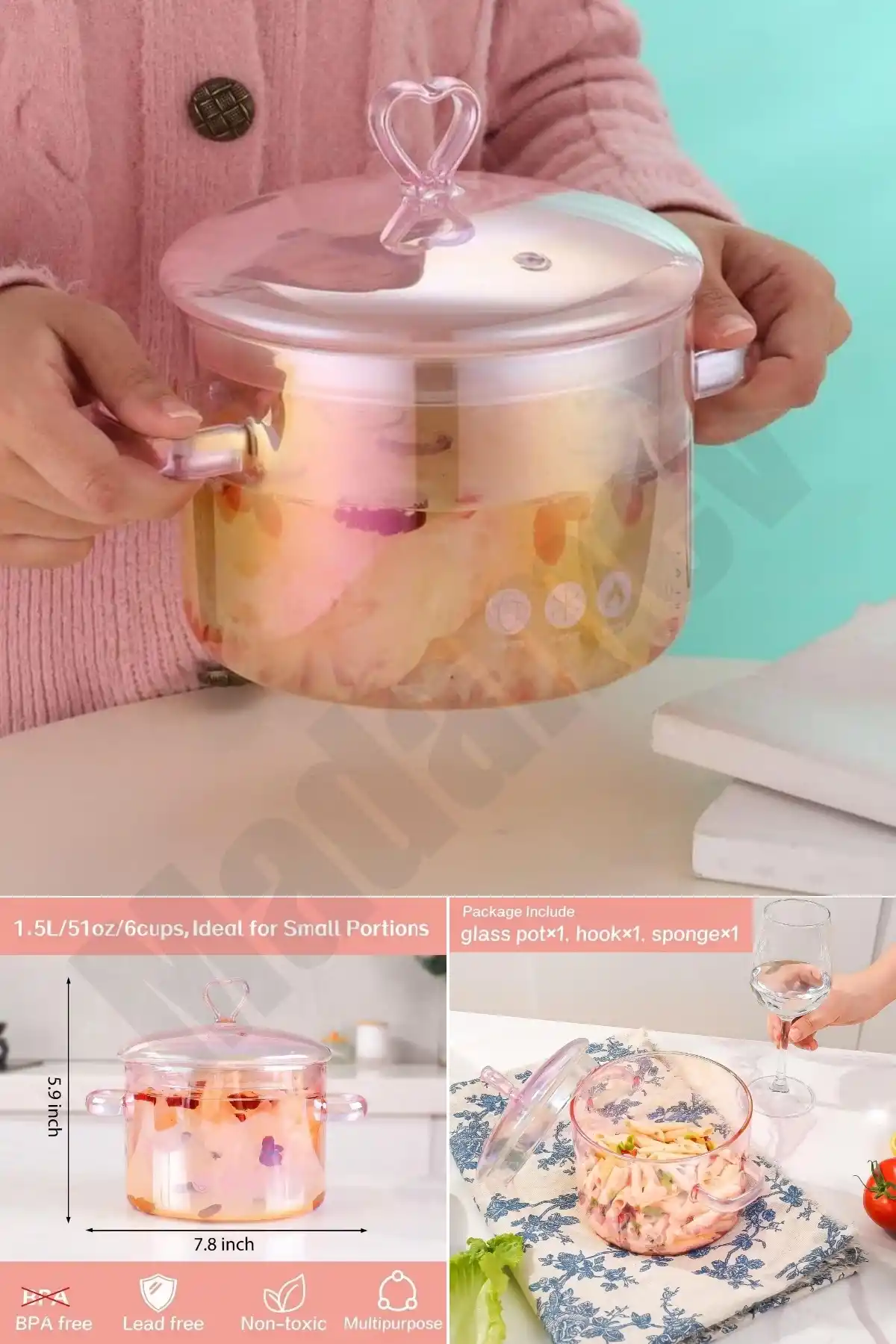 2 Adet Borosilikat Cam Tencere 1500ml Kalp Figürlü Isıya Dayanıklı Pembe Pink Kapaklı Tencere Seti