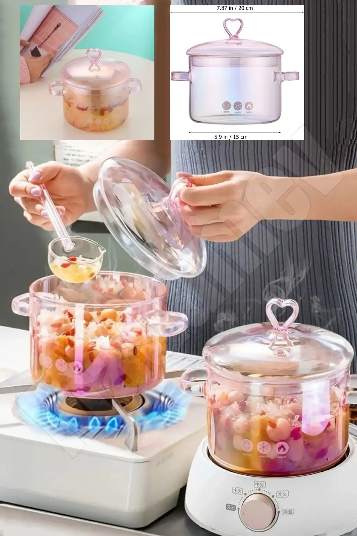 2 Adet Borosilikat Cam Tencere 1500ml Kalp Figürlü Isıya Dayanıklı Pembe Pink Kapaklı Tencere Seti