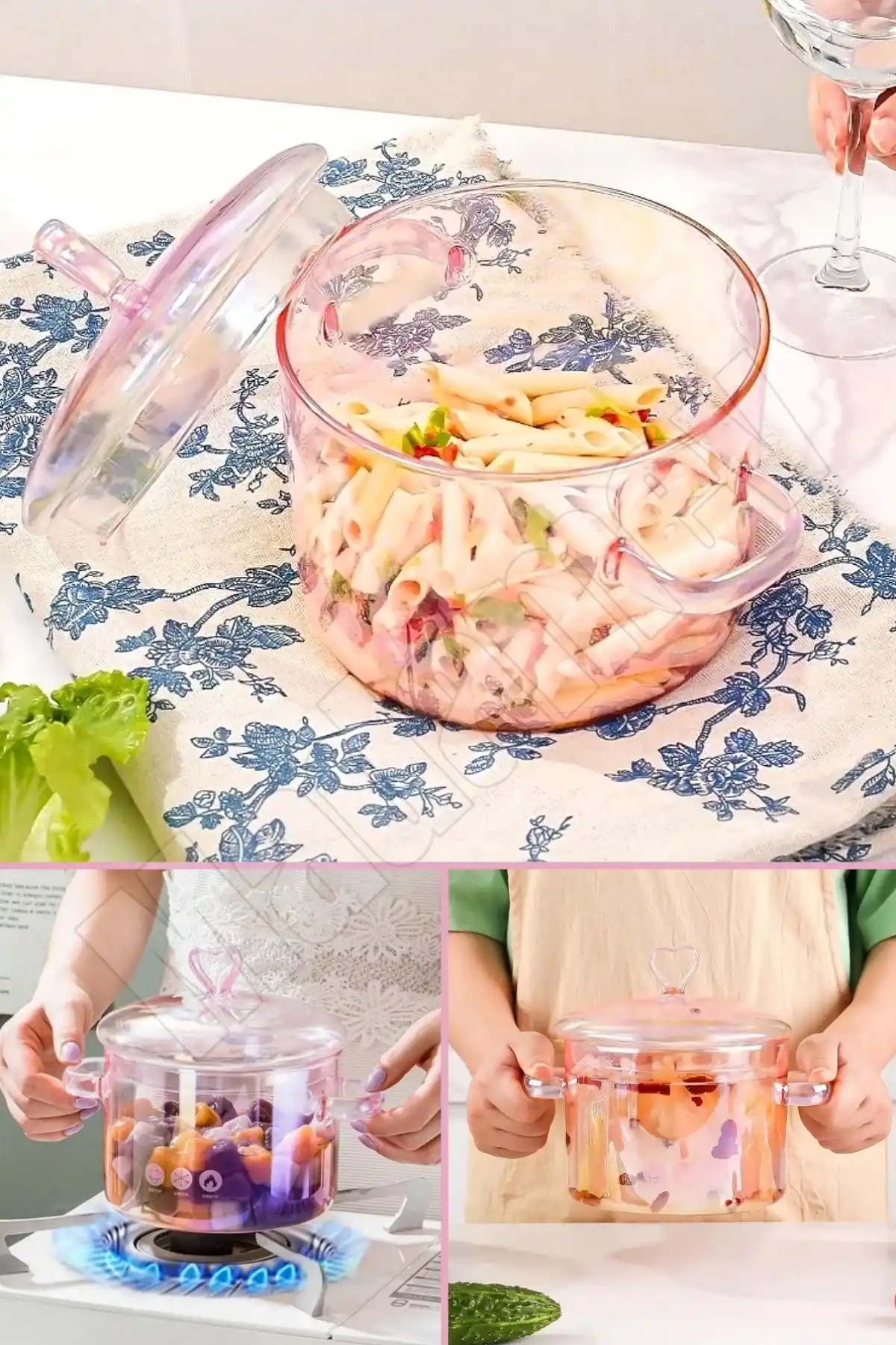 Pembe Kalp Figürlü Cam Tencere Isıya Dayanıklı Borosilikat Termisil Ocak Üstü Kulplu 1500 ml