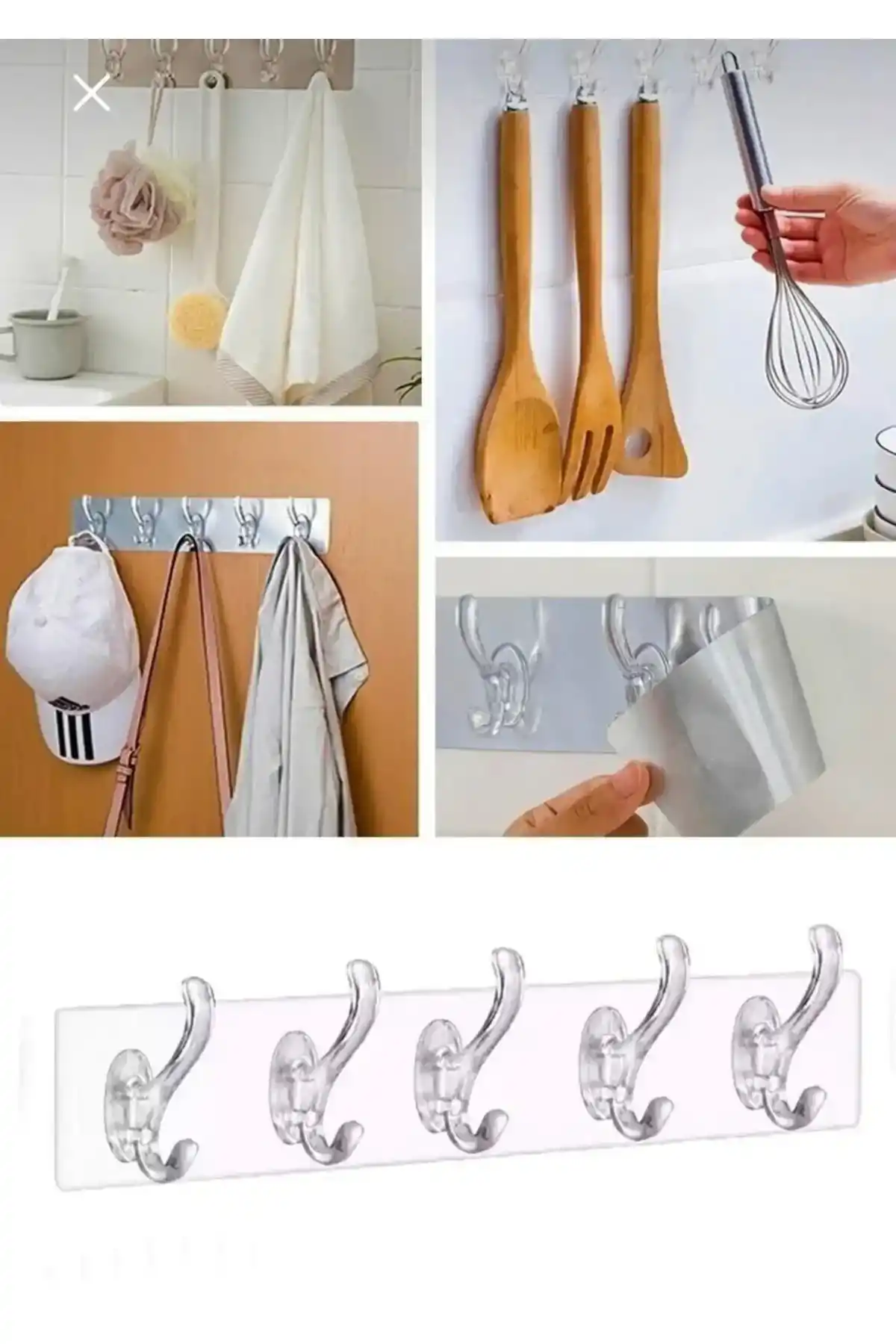 5’li Şeffaf Yapışkanlı Duvar Askılığı Banyo Mutfak Kapı Arkası Havlu Bornoz Askısı Şeffaf Organizer