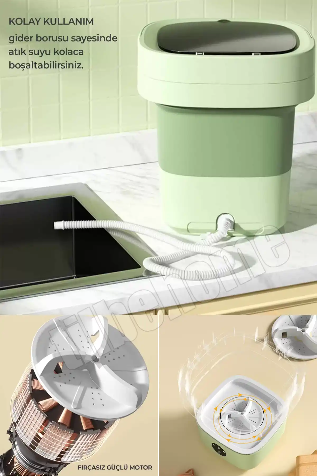 Katlanır Mini Çamaşır Makinesi Yeşil Taşınabilir Retro Silikon Çorap İç Çamaşırı Yıkayıcı 10 lt