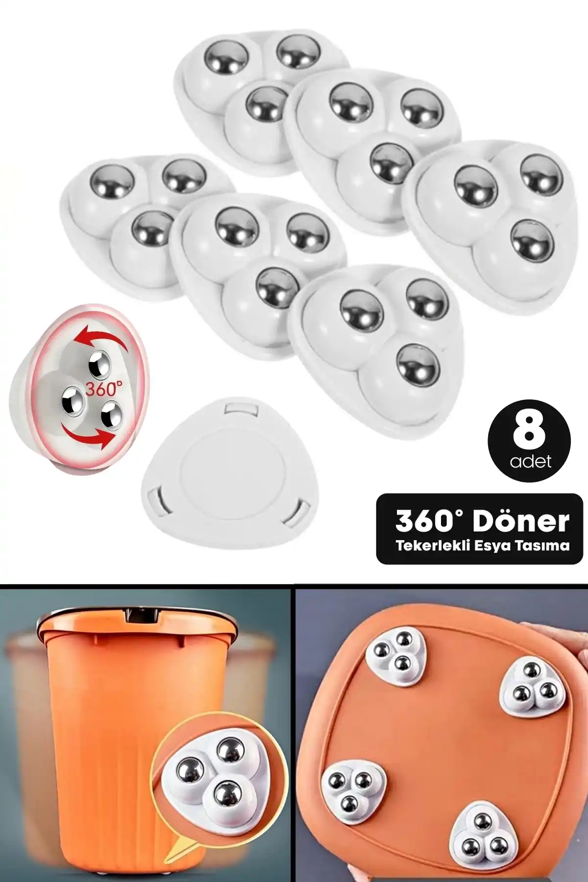 8 Adet 360 Derece Döner Çelik Bilye Tekerlekli Eşya Yük Taşıma Yapışkanlı Eşya Kaydırma Aparatı Set