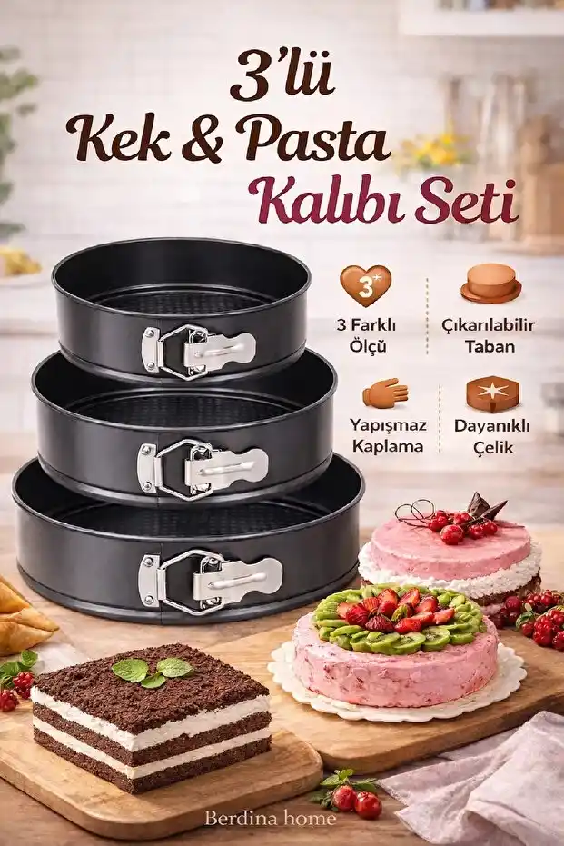 3’lü Kelepçeli Kek Kalıbı Seti – Çıkarılabilir Tabanlı, Yapışmaz Kaplama, Dayanıklı