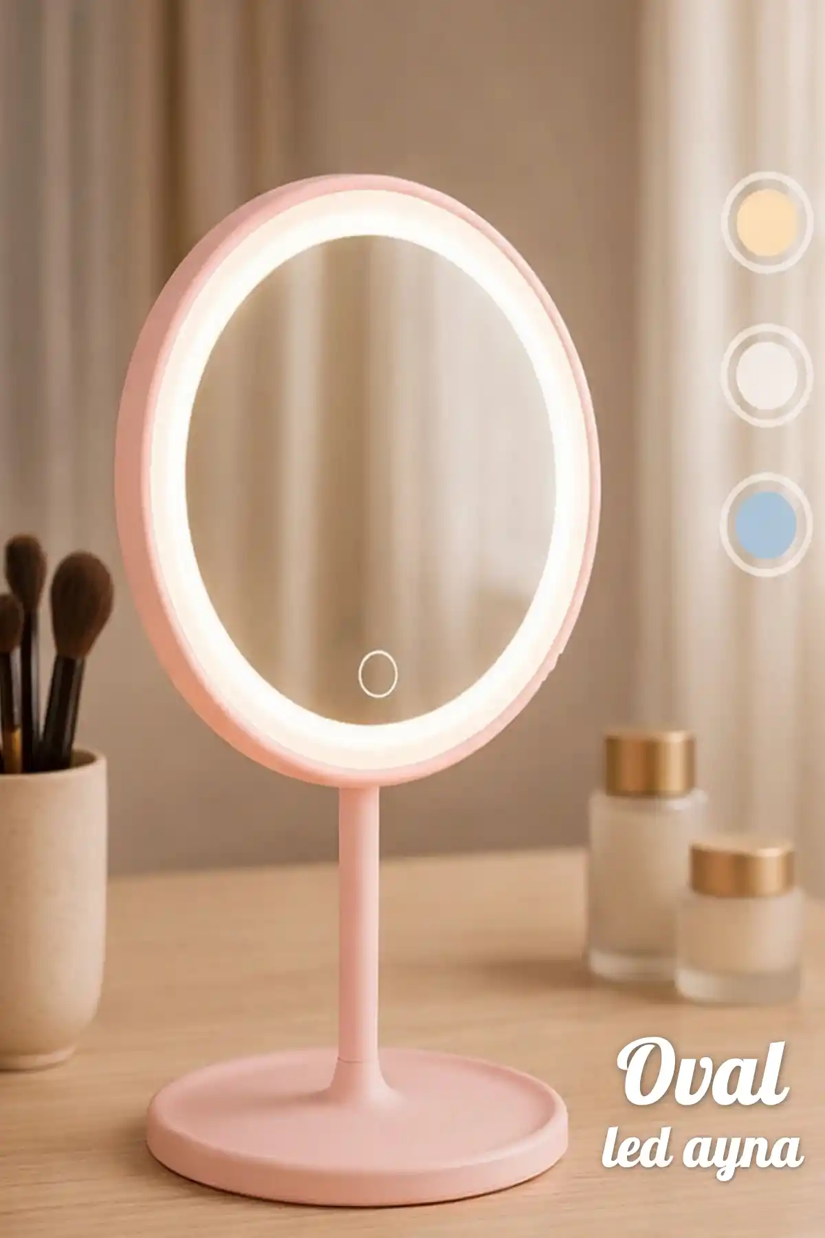 Oval Makyaj Aynası LED Işıklı Dokunmatik Şarjlı 3 Renkli Işıklı Still 90° Ayarlanabilir Pembe Ayna
