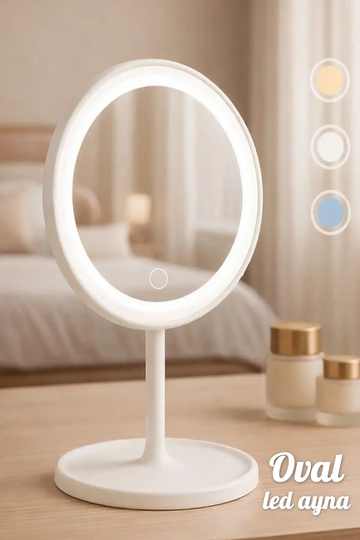 Oval Şarjlı Led Işıklı Makyaj Aynası Dokunmatik Led Makyaj Ayna 90°Ayarlanabilir 3 Modlu Usb Şarjlı