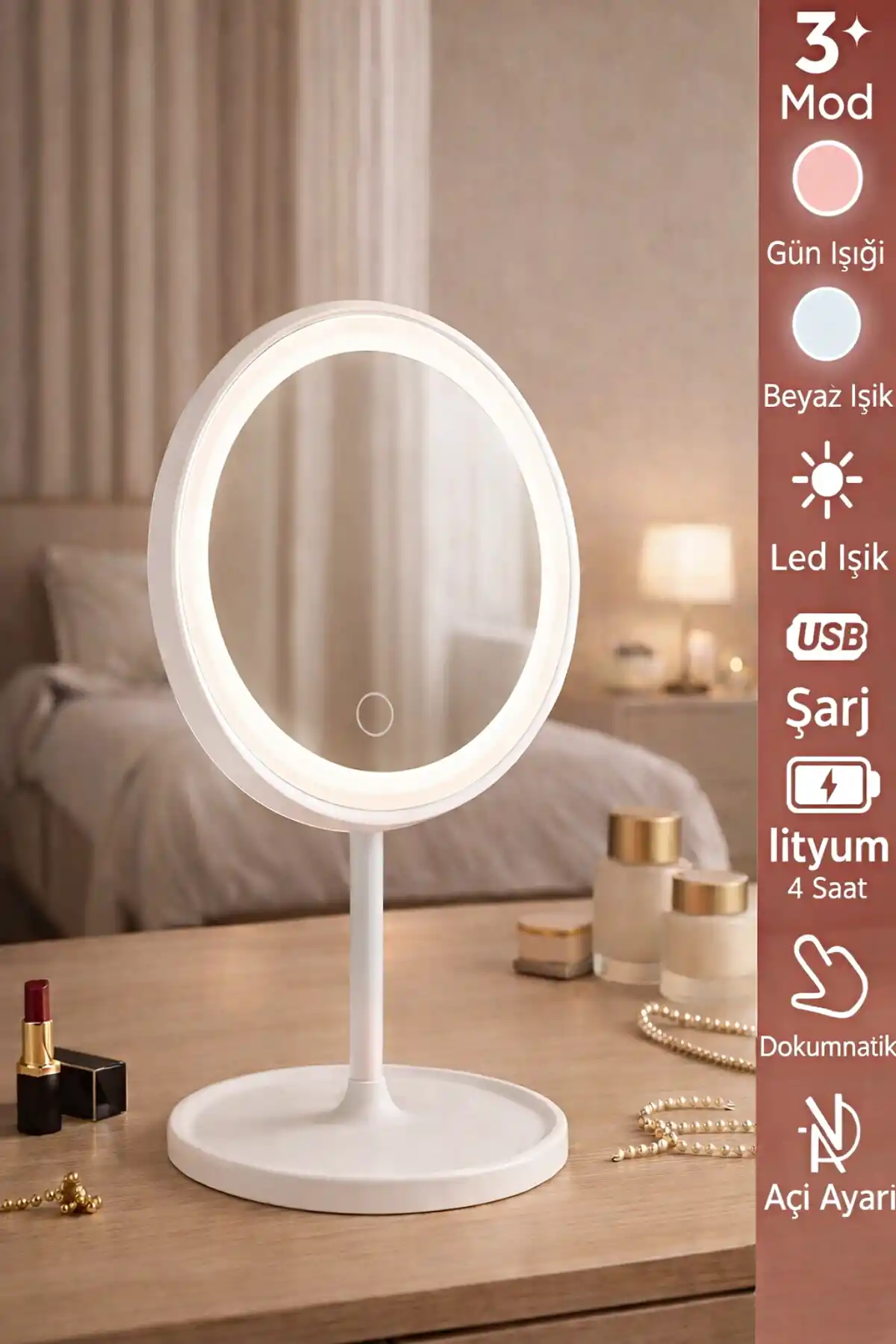 Oval Şarjlı Led Işıklı Makyaj Aynası Dokunmatik Led Makyaj Ayna 90°Ayarlanabilir 3 Modlu Usb Şarjlı