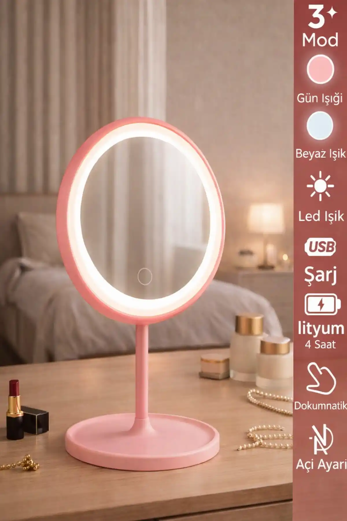 Oval Makyaj Aynası LED Işıklı Dokunmatik Şarjlı 3 Renkli Işıklı Still 90° Ayarlanabilir Pembe Ayna