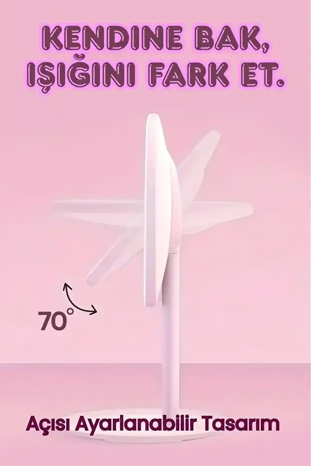 Oval Makyaj Aynası LED Işıklı Dokunmatik Şarjlı 3 Renkli Işıklı Still 90° Ayarlanabilir Pembe Ayna