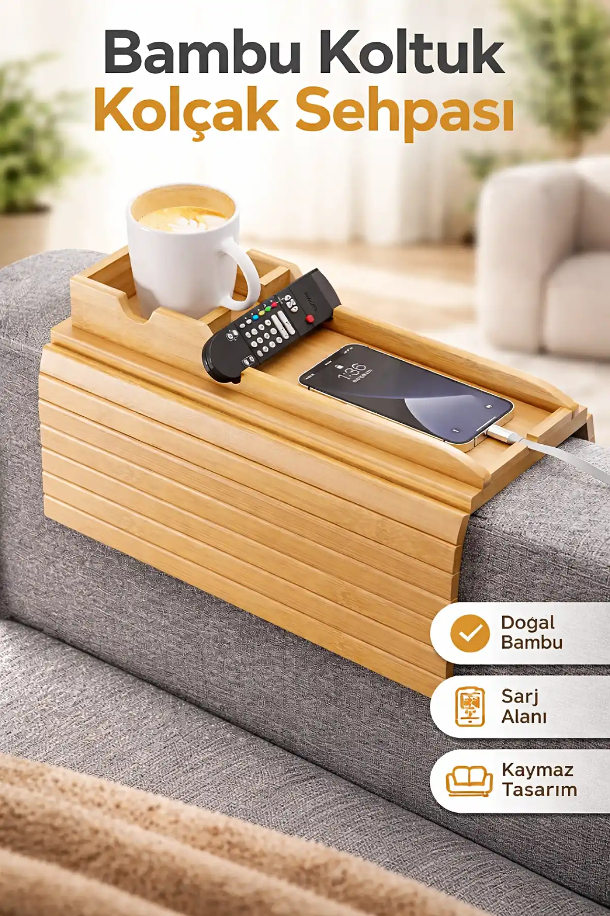 Koltuk Kenarı Bambu Katlanabilir Yan Sehpa Amerikan Servisi Kanepe Kenarı Portatif Koltuk Tepsisi