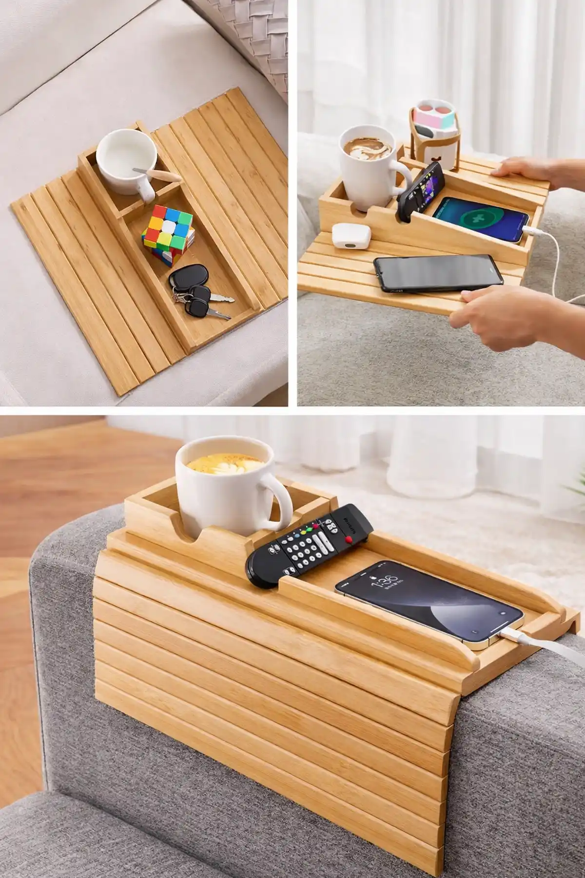 Koltuk Kenarı Bambu Katlanabilir Yan Sehpa Amerikan Servisi Kanepe Kenarı Portatif Koltuk Tepsisi