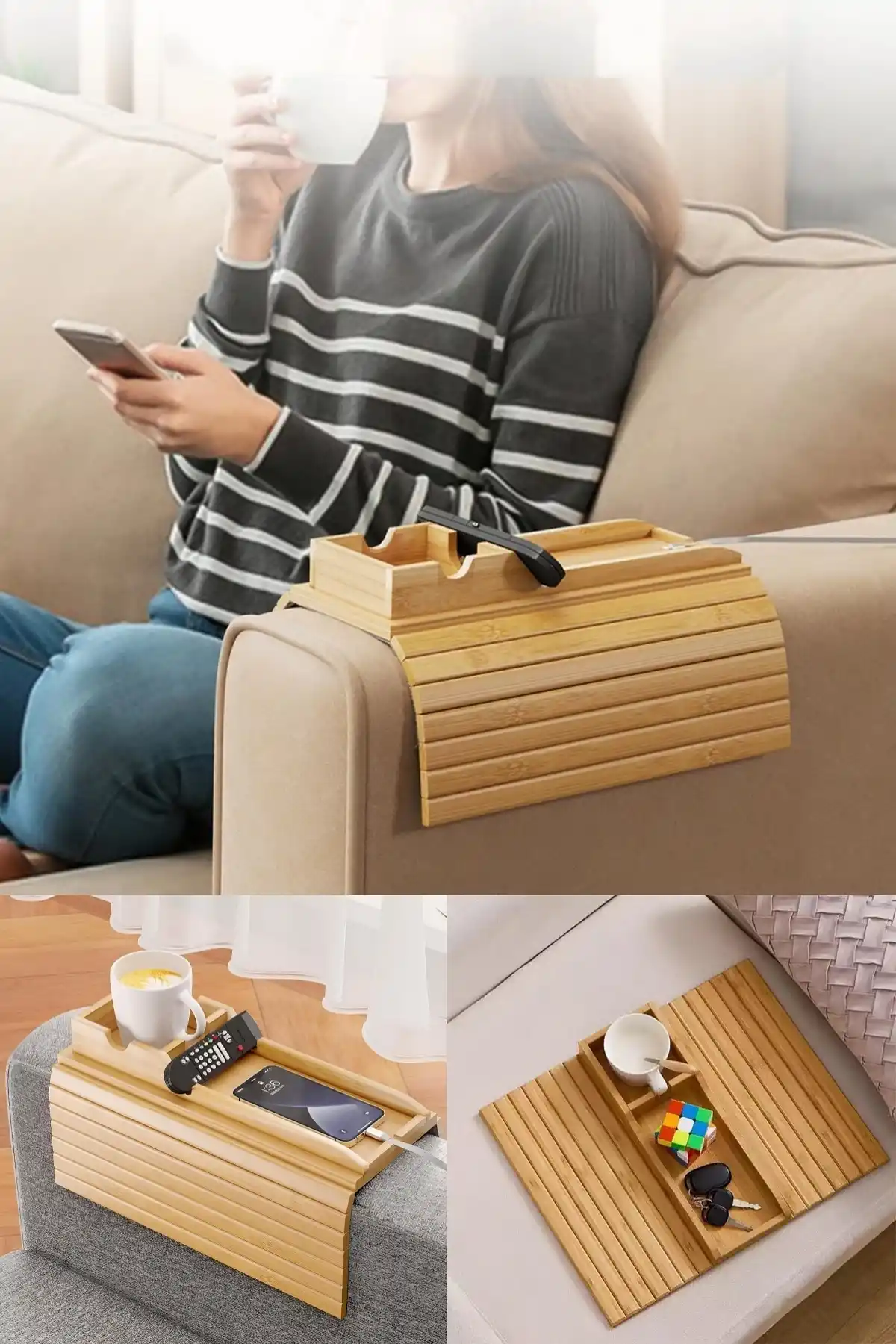 Koltuk Kenarı Bambu Katlanabilir Yan Sehpa Amerikan Servisi Kanepe Kenarı Portatif Koltuk Tepsisi