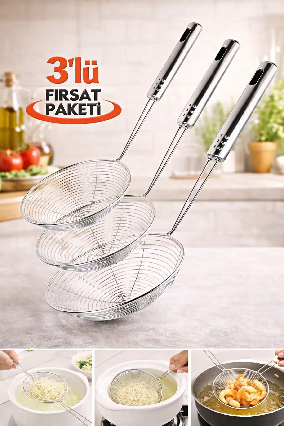 Çelik Kevgir Süzgeç Patates Sebze Yağ Kızartma Lüx Servis Seti Mutfak Tel Kepçe Kızartma Kevgir Set