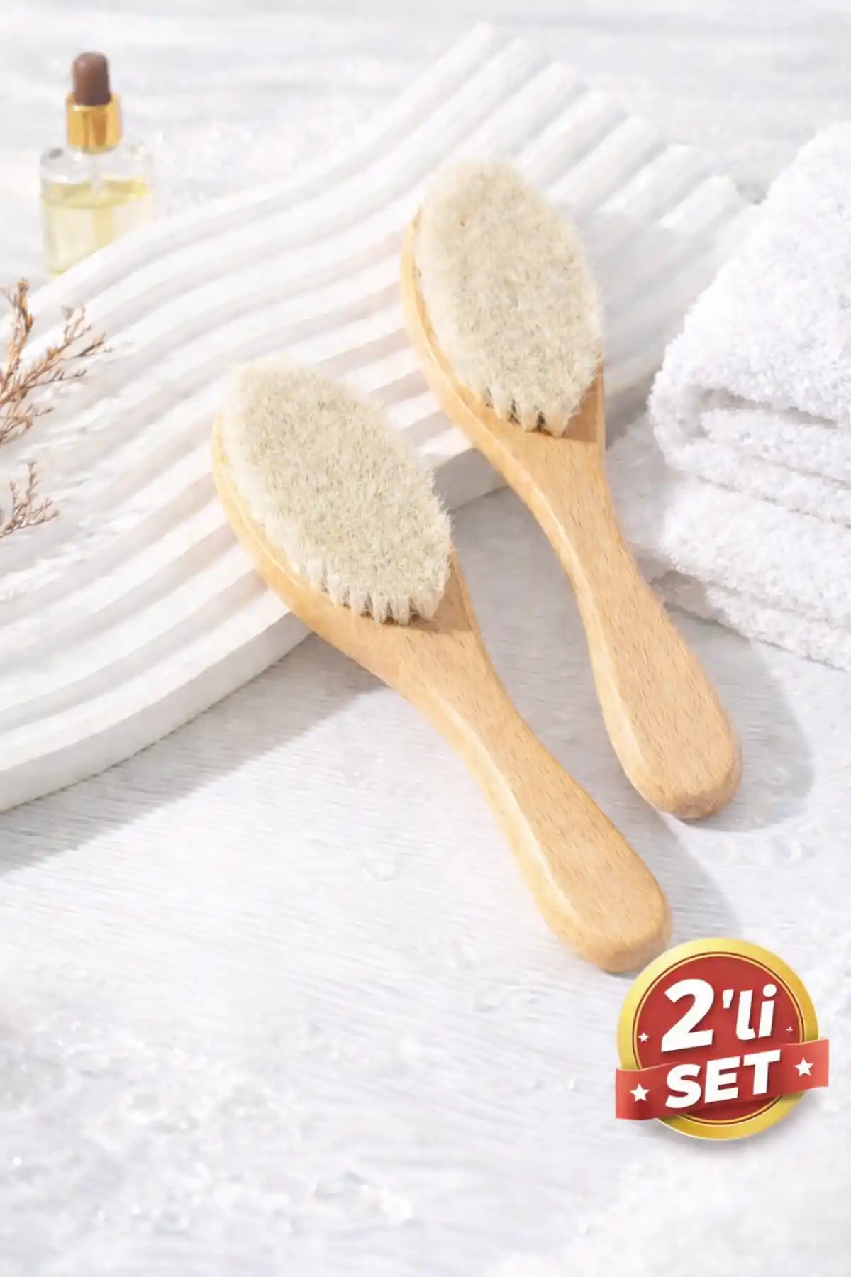 2li Keçi Kılı Bebek Saç Fırçası ve Tarağı | Ergonomik Ahşap Tutma Saplı Masaj Fırçası