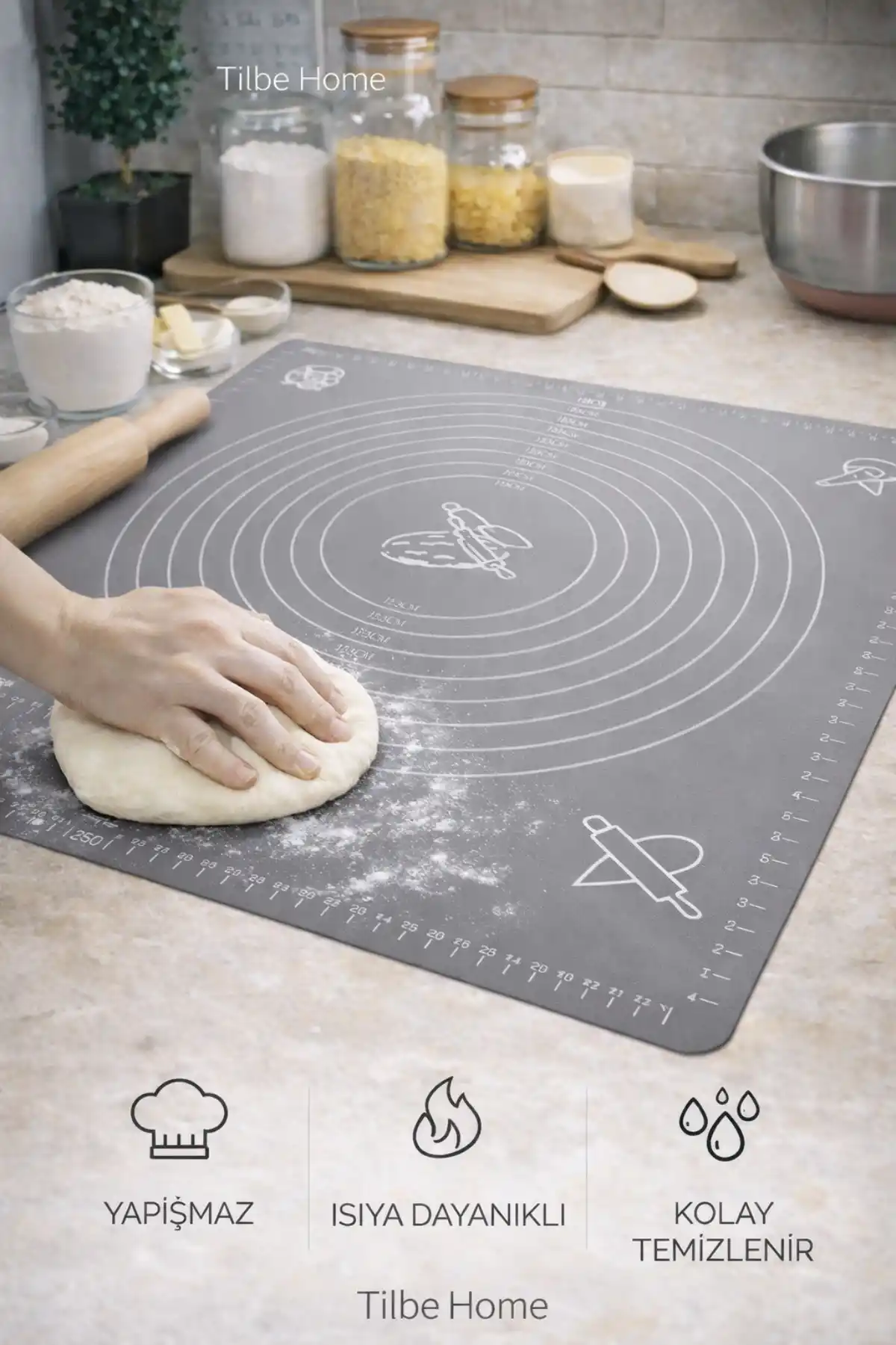 Silikon Hamur Matı Ölçülü Hamur Açma Yoğurma Matı Orta Boy Gri 50 x 40 cm