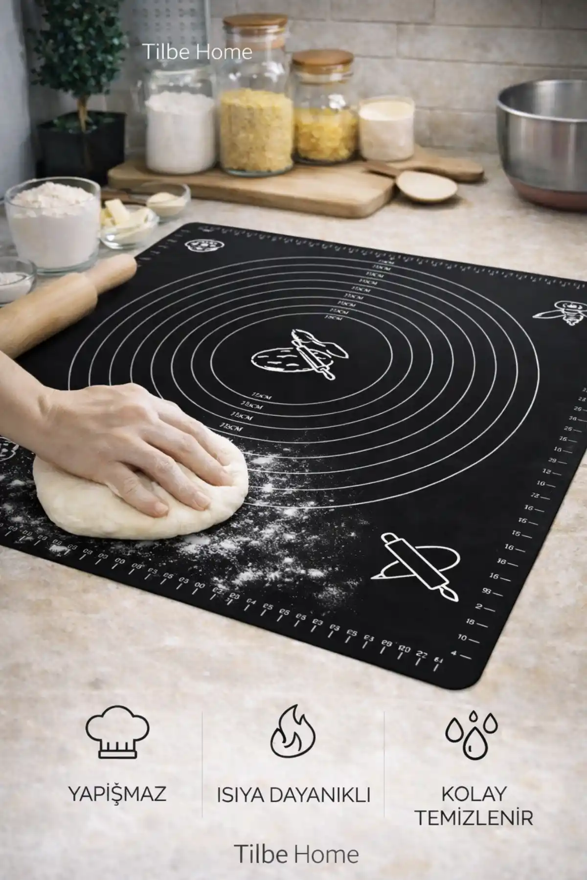 Silikon Hamur Matı Ölçülü Hamur Açma Yoğurma Matı Orta Boy Siyah 50 x 40 cm