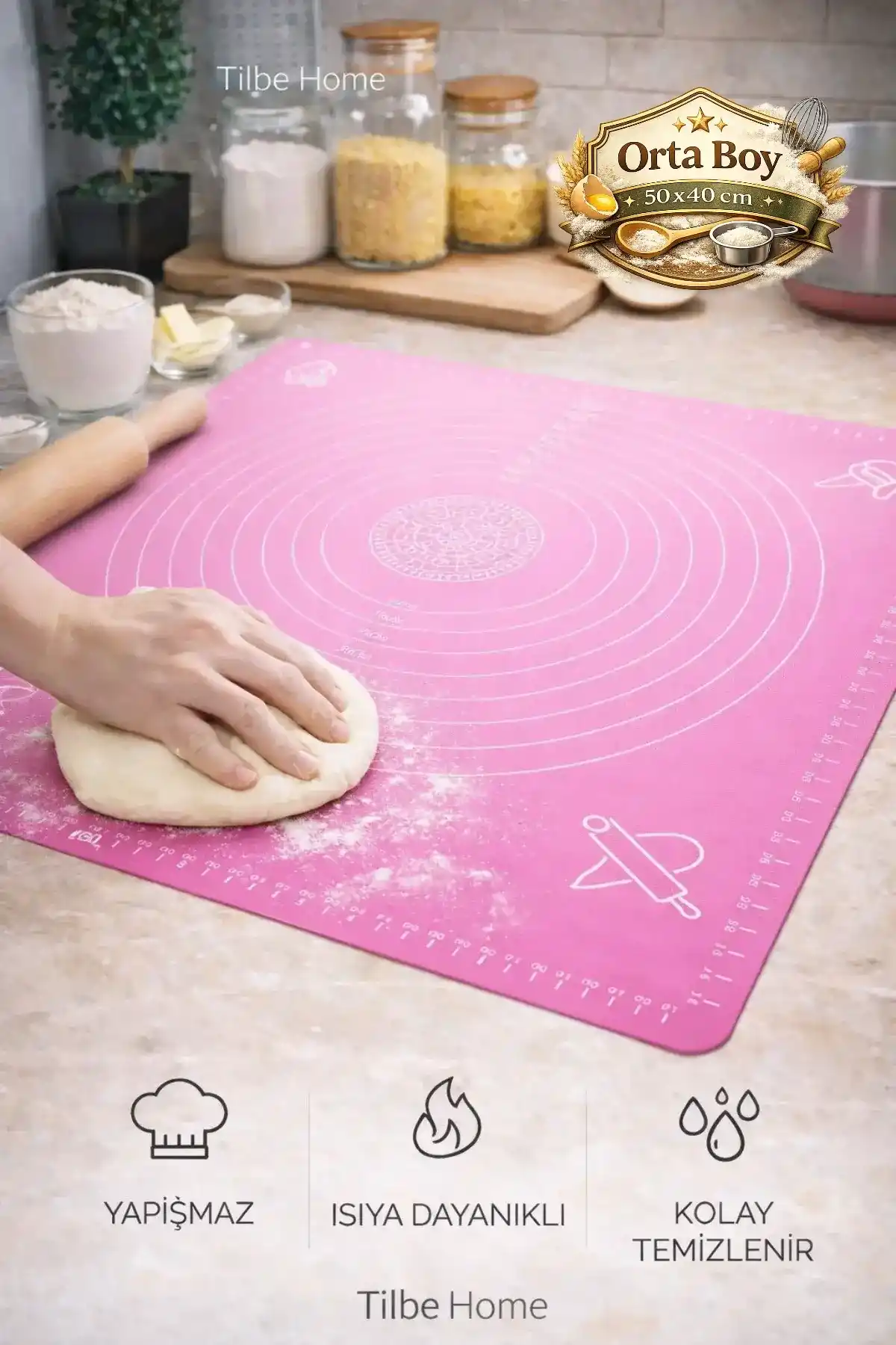 Silikon Hamur Matı Ölçülü Hamur Açma Yoğurma Matı Orta Boy Pudra 50 x 40 cm