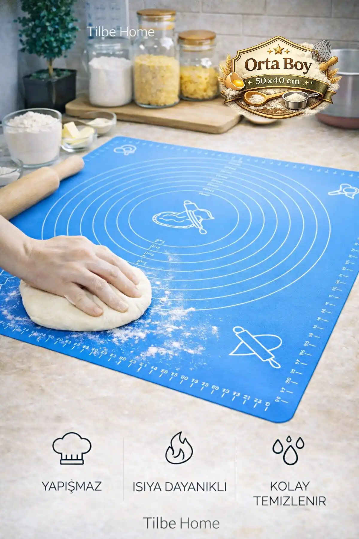 Silikon Hamur Matı Ölçülü Hamur Açma Yoğurma Matı Orta Boy Mavi 50 x 40 cm