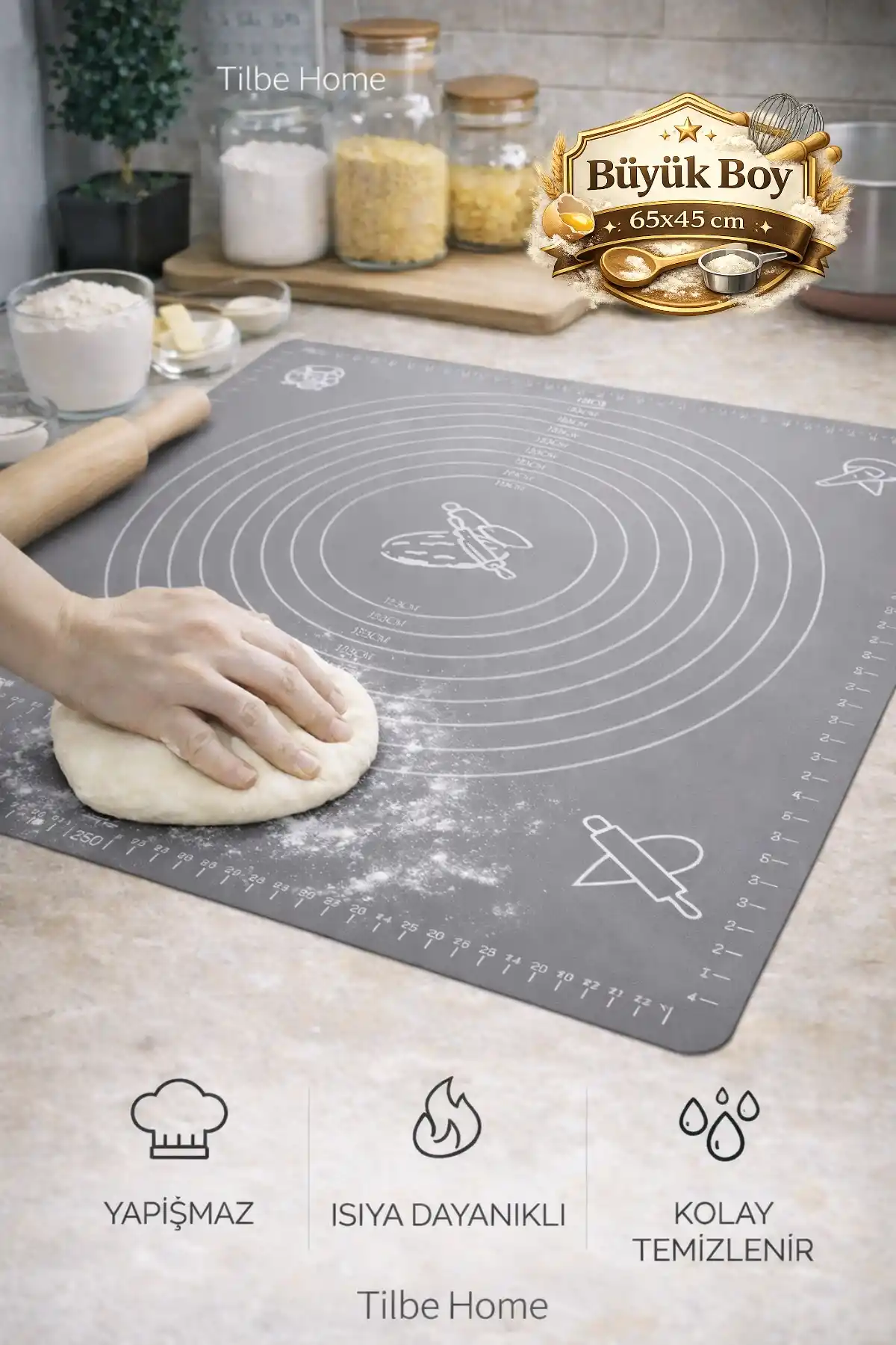 Silikon Hamur Matı Hamur Açma Pasta Fırın Altlığı Matı Ölçülü Hamur Yoğurma Gri Büyük Boy 65X45