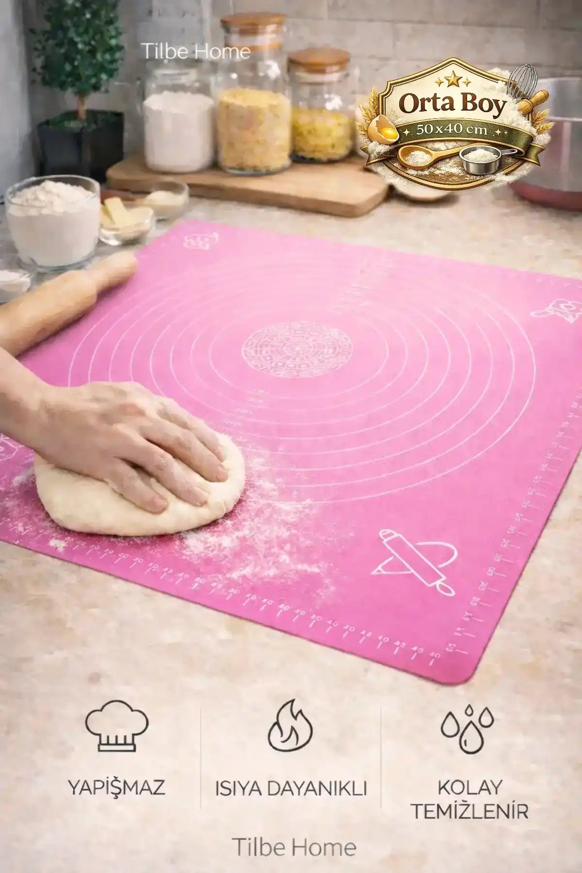 Silikon Hamur Matı Ölçülü Hamur Açma Yoğurma Matı Orta Boy Pembe 50 x 40 cm