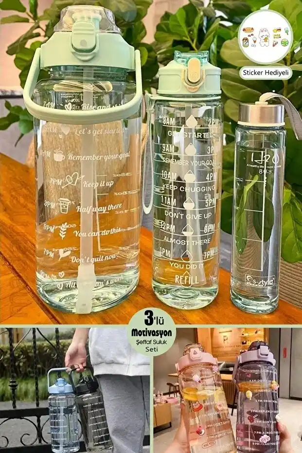 3lü Motivasyonel Su Matarası Stickerlı Pipetli Taşınabilir Sızdırmaz Su Şişesi Soft Green Matarası