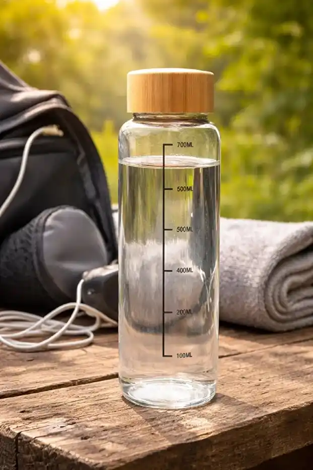 Bambu Kapaklı Cam Matara Sporcu Suluğu Taşınabilir Su Şişesi 700 ml Vakumlu Suluk