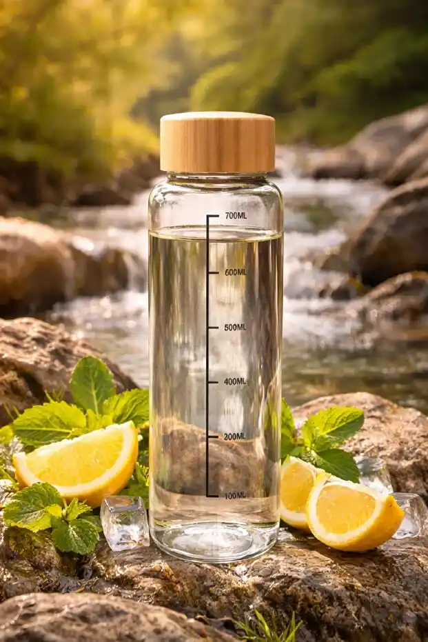 Bambu Kapaklı Cam Matara Sporcu Suluğu Taşınabilir Su Şişesi 700 ml Vakumlu Suluk