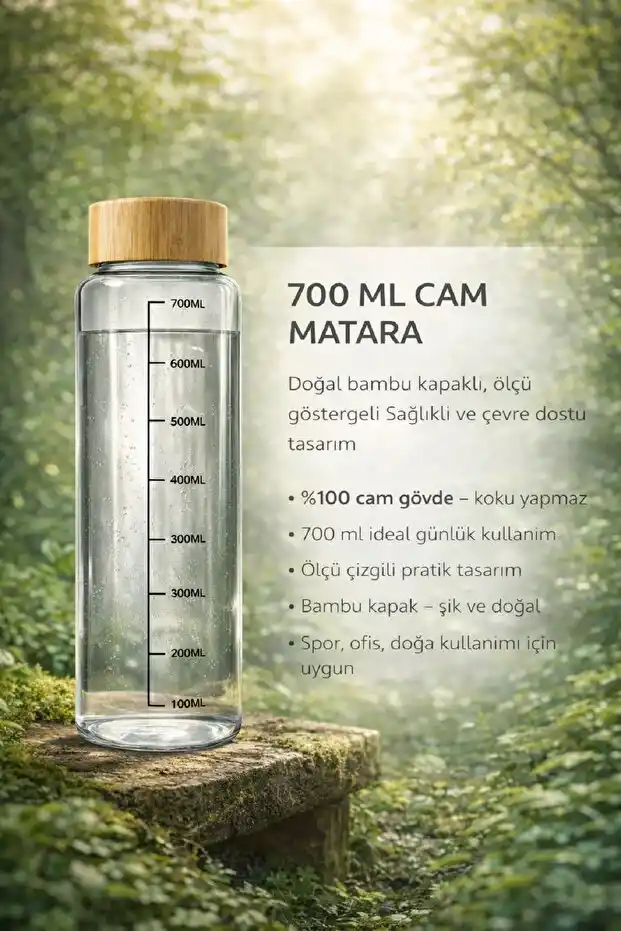 Bambu Kapaklı Cam Matara Sporcu Suluğu Taşınabilir Su Şişesi 700 ml Vakumlu Suluk