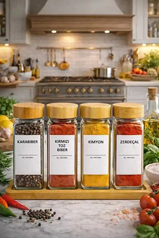 4lü Standlı Bambu Kapaklı Etiketli Cam Kare Formlu Baharatlık Takımı Serpme Başlıklı Baharatlık