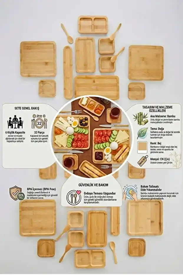 32 Parça Bambu 6 Kişilik Serisi Kahvaltı Seti Kahvaltı Takımı Sunum Servis Set Bambu Set