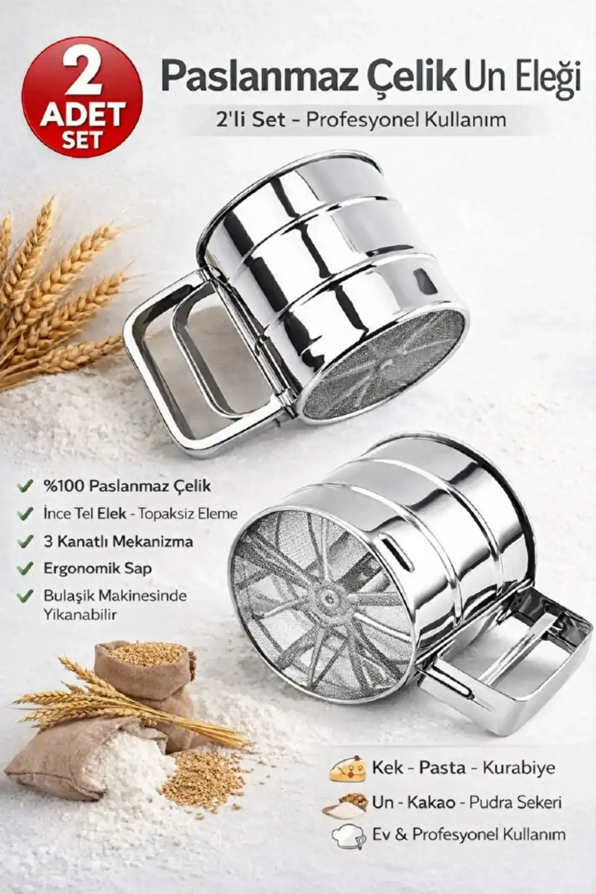 Un Eleği Basmalı Mutfak Şeker Un Eleği Pudra Kakao Eleme Değirmen Kakao Un Serpme Lüx Çelik Elek