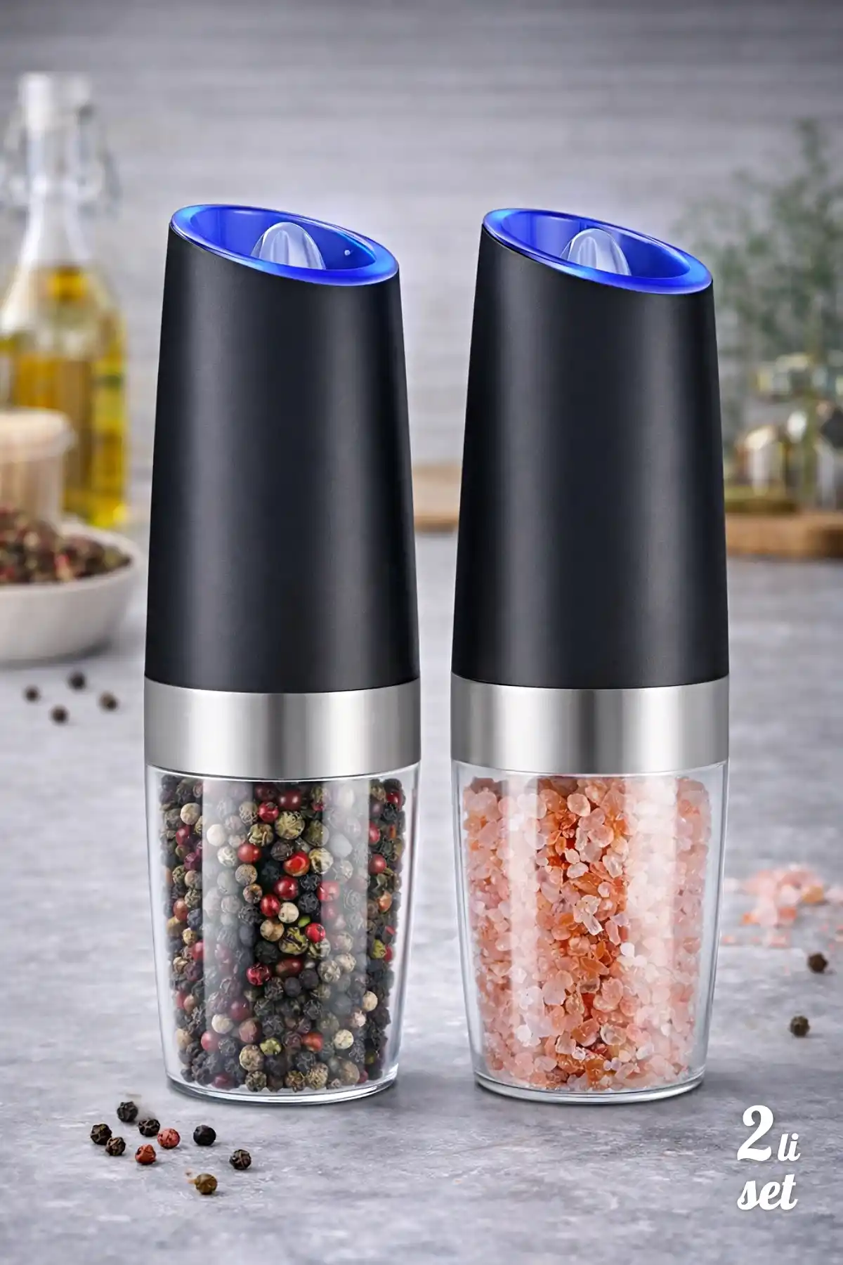 2’li Otomatik Sensörlü Karabiber & Tuz Değirmeni – Seramik Öğütücülü, LED Işıklı