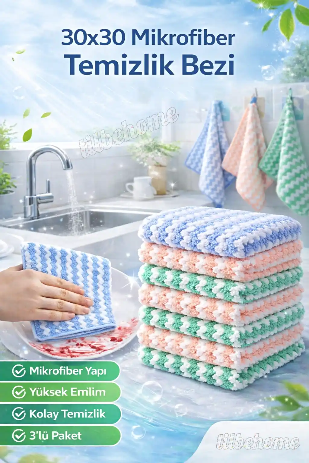 3 Adet Mikrofiber Temizlik Bezi Mercan Kadife Mutfak Pratik Eko Bulaşık Havlusu 30x30 cm