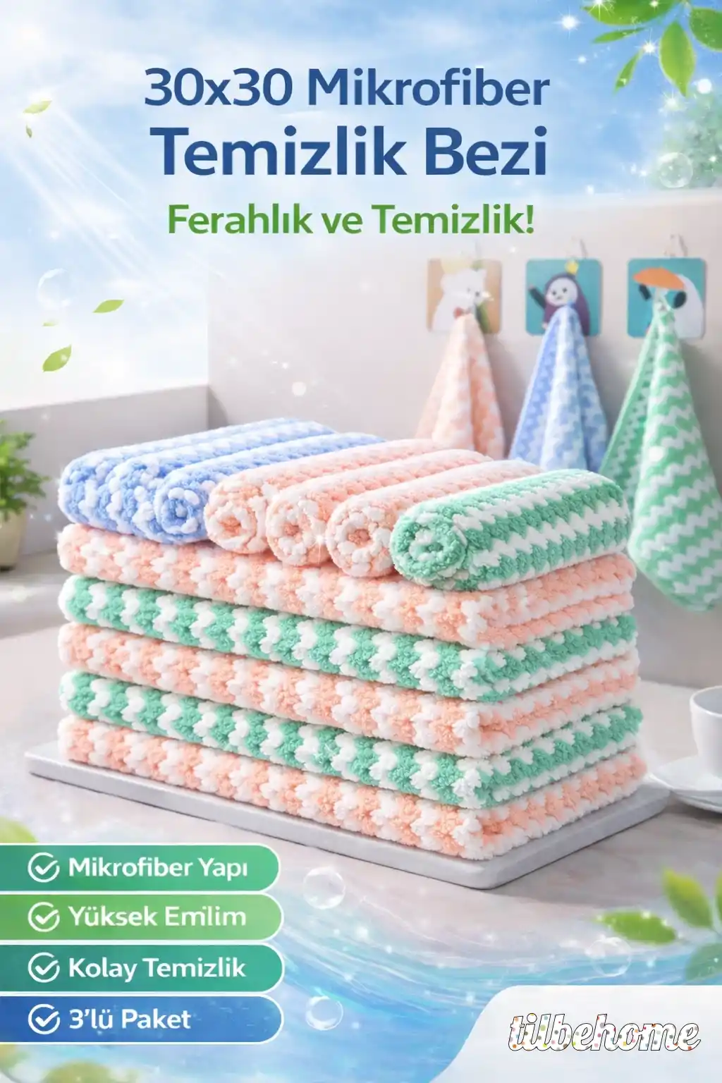 3 Adet Mikrofiber Temizlik Bezi Mercan Kadife Mutfak Pratik Eko Bulaşık Havlusu 30x30 cm