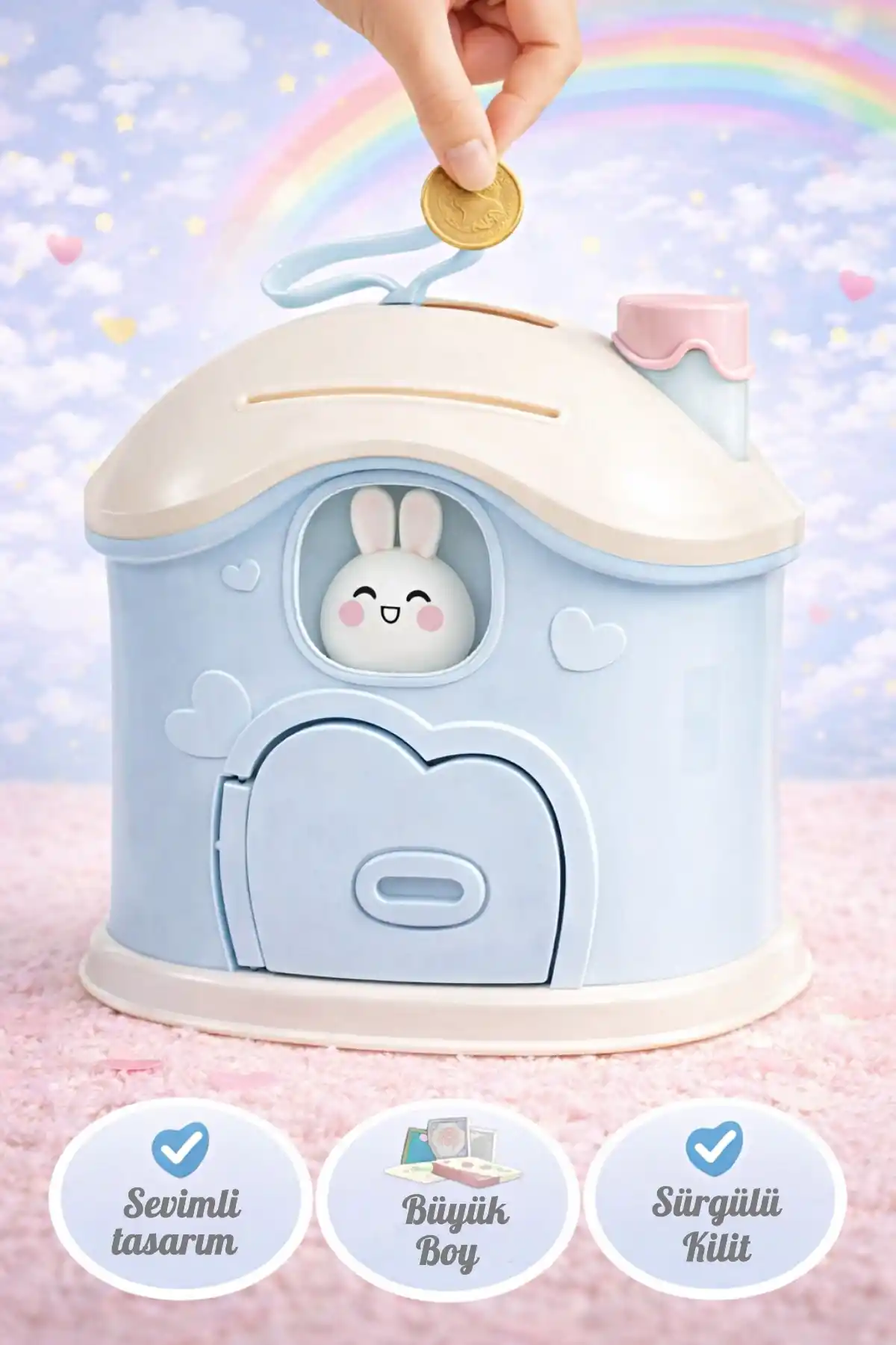 Büyük Boy Kawai Ev Tasarımlı Kilitli Çocuk Kumbarası Sevimli Bacalı Ev Kumbara Sticker Hediye Mavi