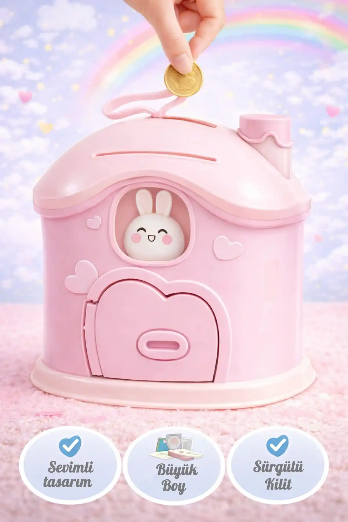 Büyük Boy Kawai Ev Tasarımlı Kilitli Çocuk Kumbarası Sevimli Bacalı Ev Kumbara Sticker Hediye Pembe