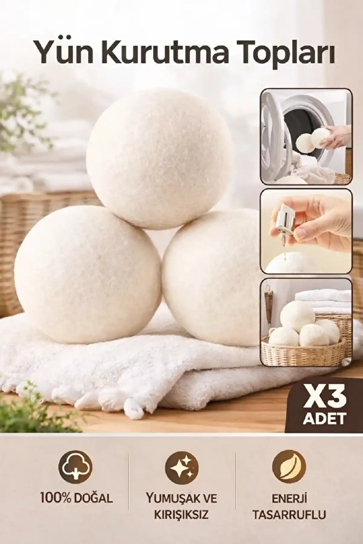 3 Adet Çamaşır Yün Kurutma Topu XXL Büyük Boy Doğal Yumuşatıcı Çamaşır Kurutma Makinesi Topları
