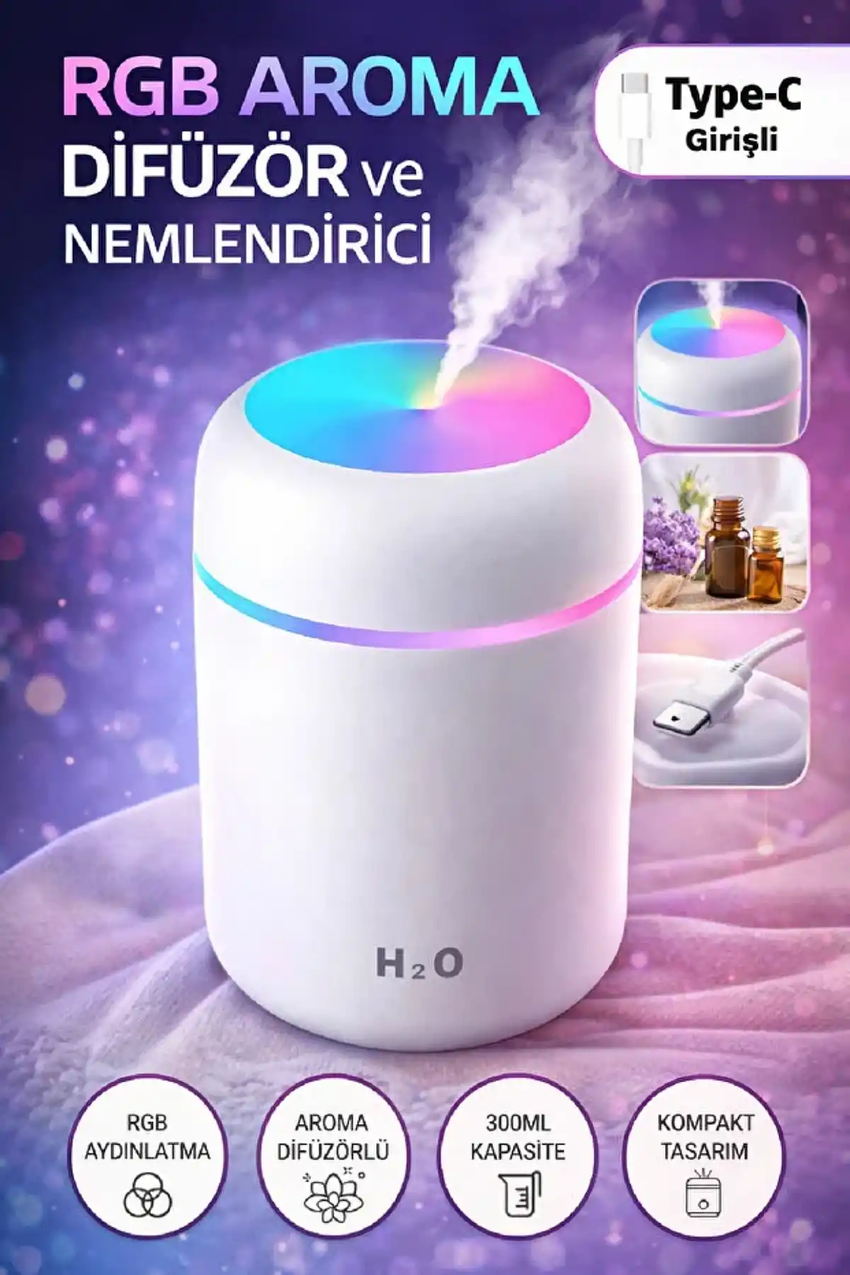 300ml LED Işıklı USB Ultrasonik Hava Nemlendirici Buhar Makinesi ve Kokulu Aroma H2O Difüzör Cihazı