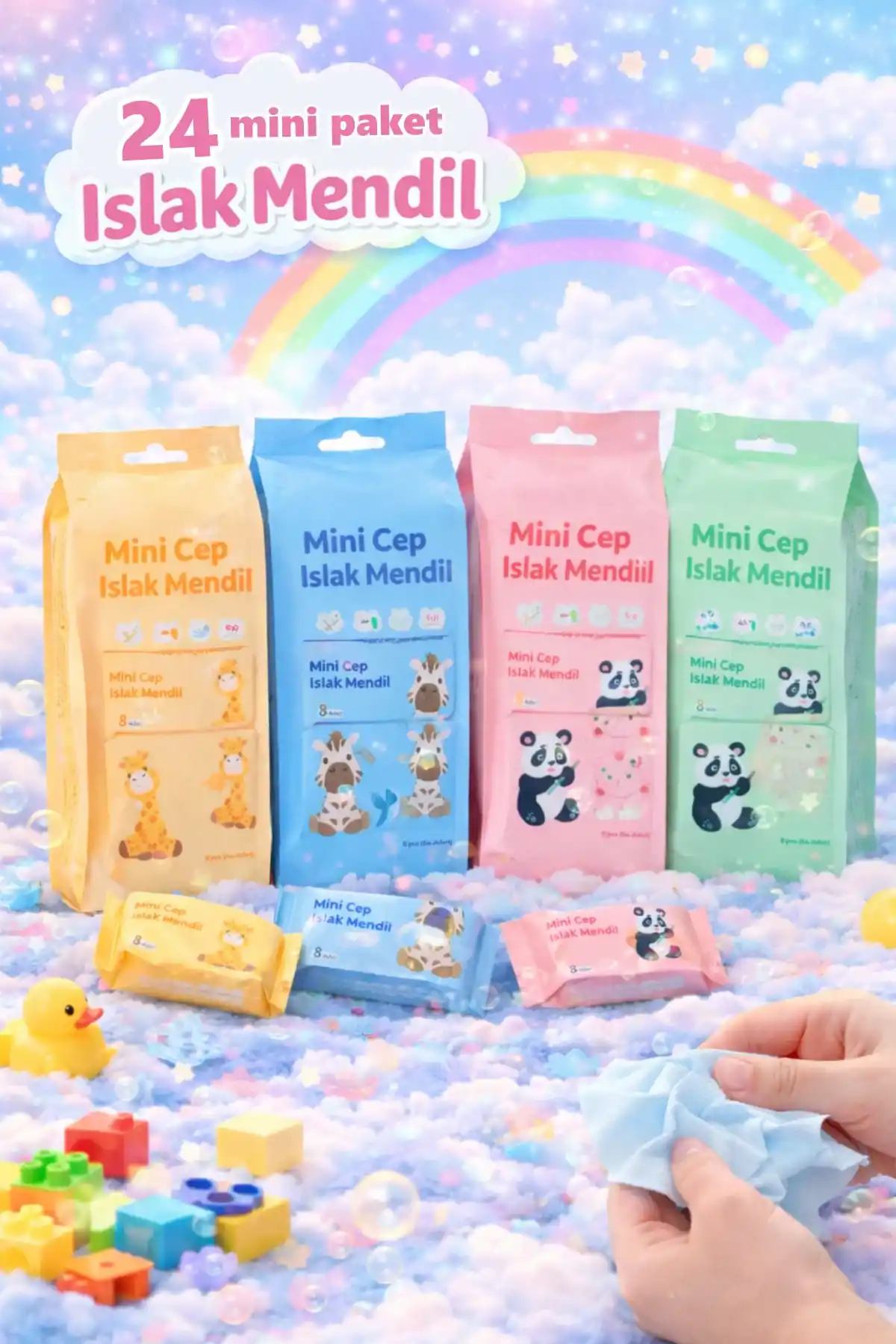 24 Adet Sevimli Figürlü Mini Islak Cep Mendili Panda Zebra Fil Zürafa Renkli Tasarım Cep Mendili